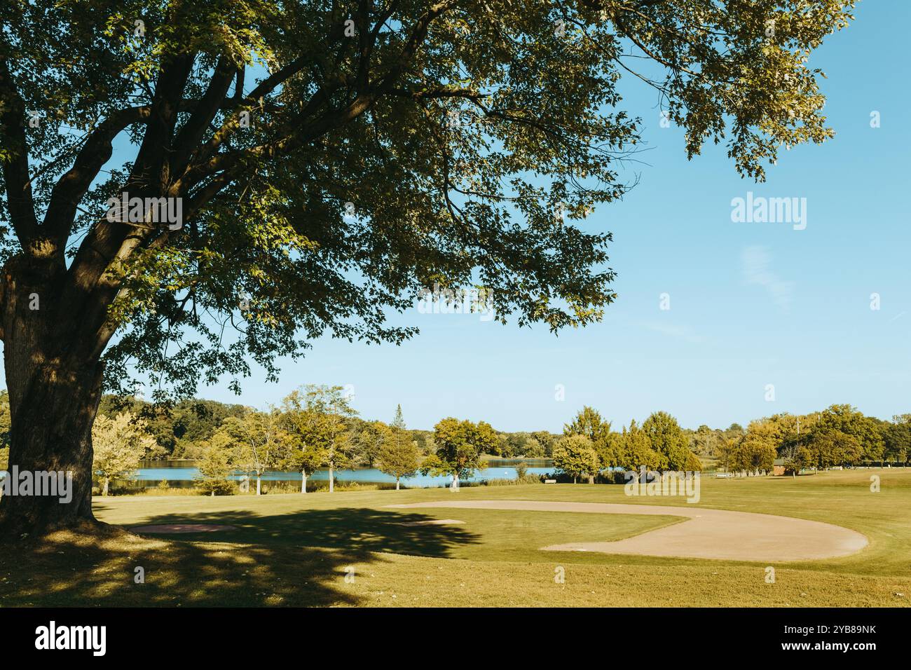 Magnifique parc avec diamant Baseball Sport, arbres et étang Banque D'Images