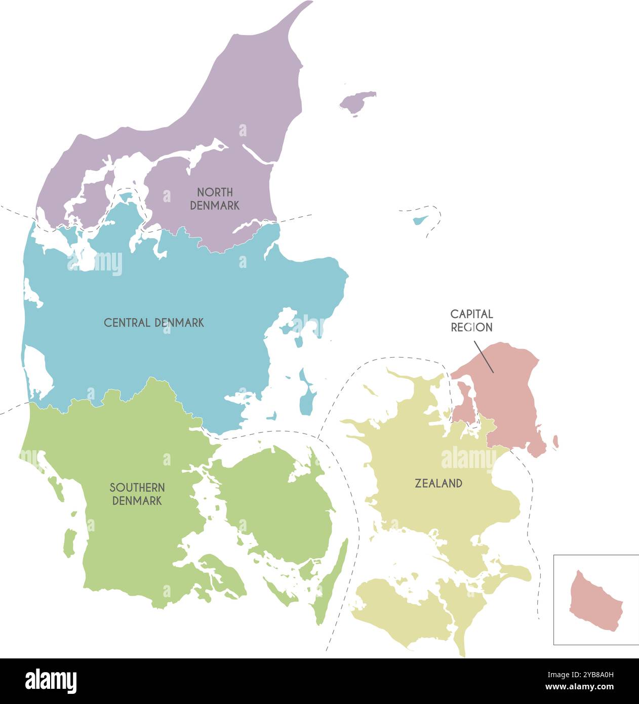 Carte vectorielle du Danemark avec les régions ou territoires et les divisions administratives. Calques modifiables et clairement étiquetés. Illustration de Vecteur