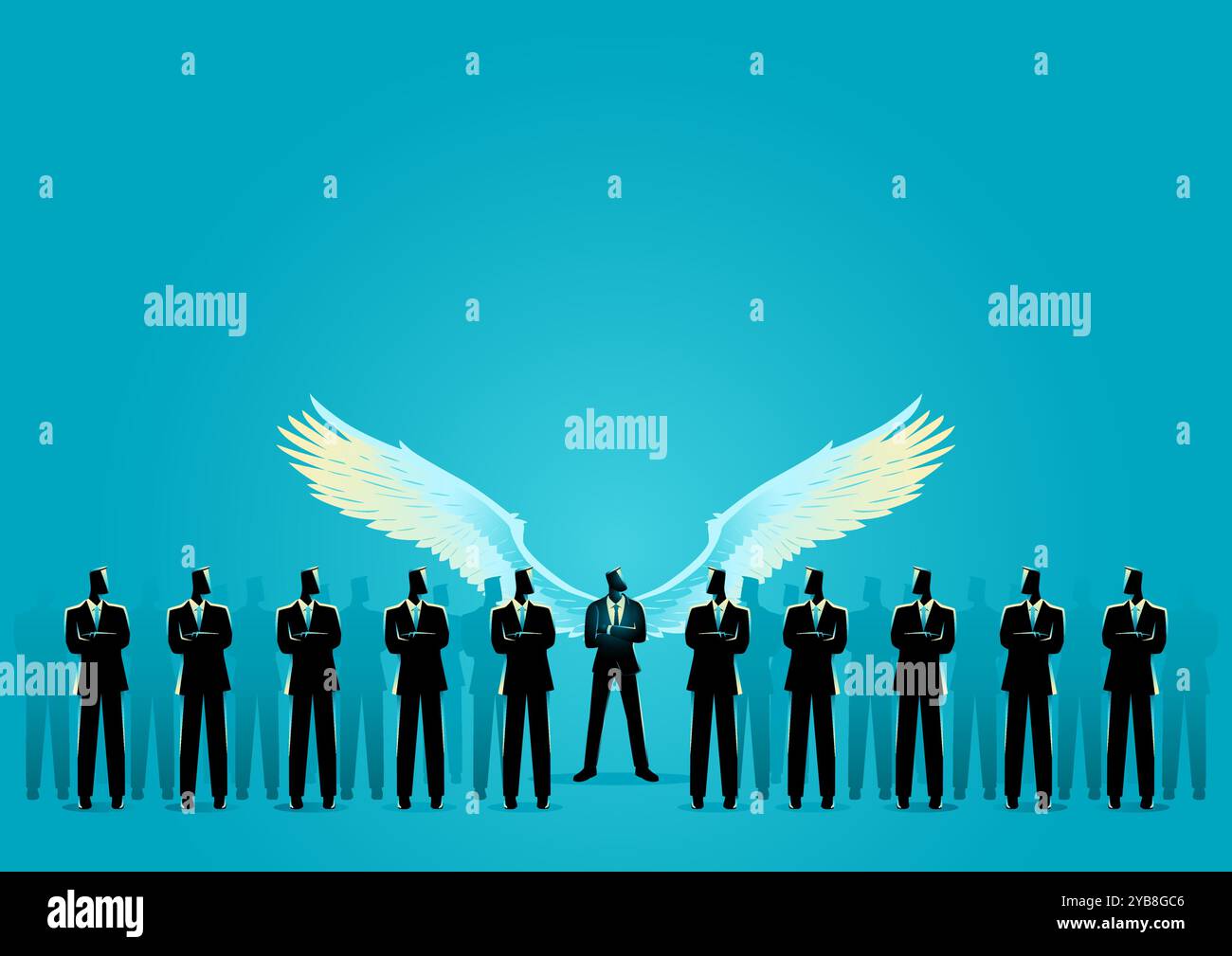 Homme d'affaires angélique se tient haut parmi d'autres, avec des ailes déployées en largeur, symbolisant le leadership éthique et l'intégrité. Un concept de moralité, d'orientation, Illustration de Vecteur