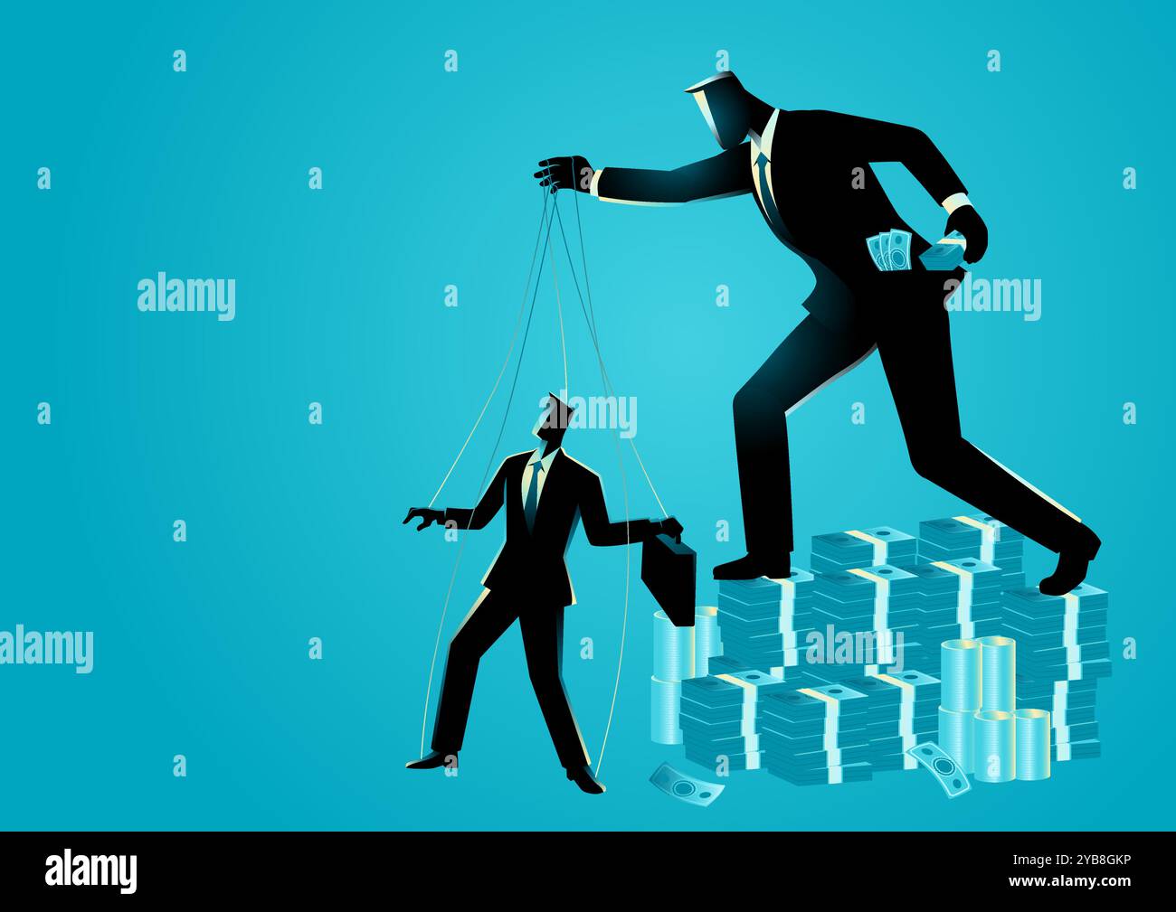 Le marionnettiste se tient sur une pile d'argent, contrôlant un homme d'affaires avec des cordes. Symbolisant l'avidité de l'entreprise, concept pour la personne avec le plus de mon Illustration de Vecteur