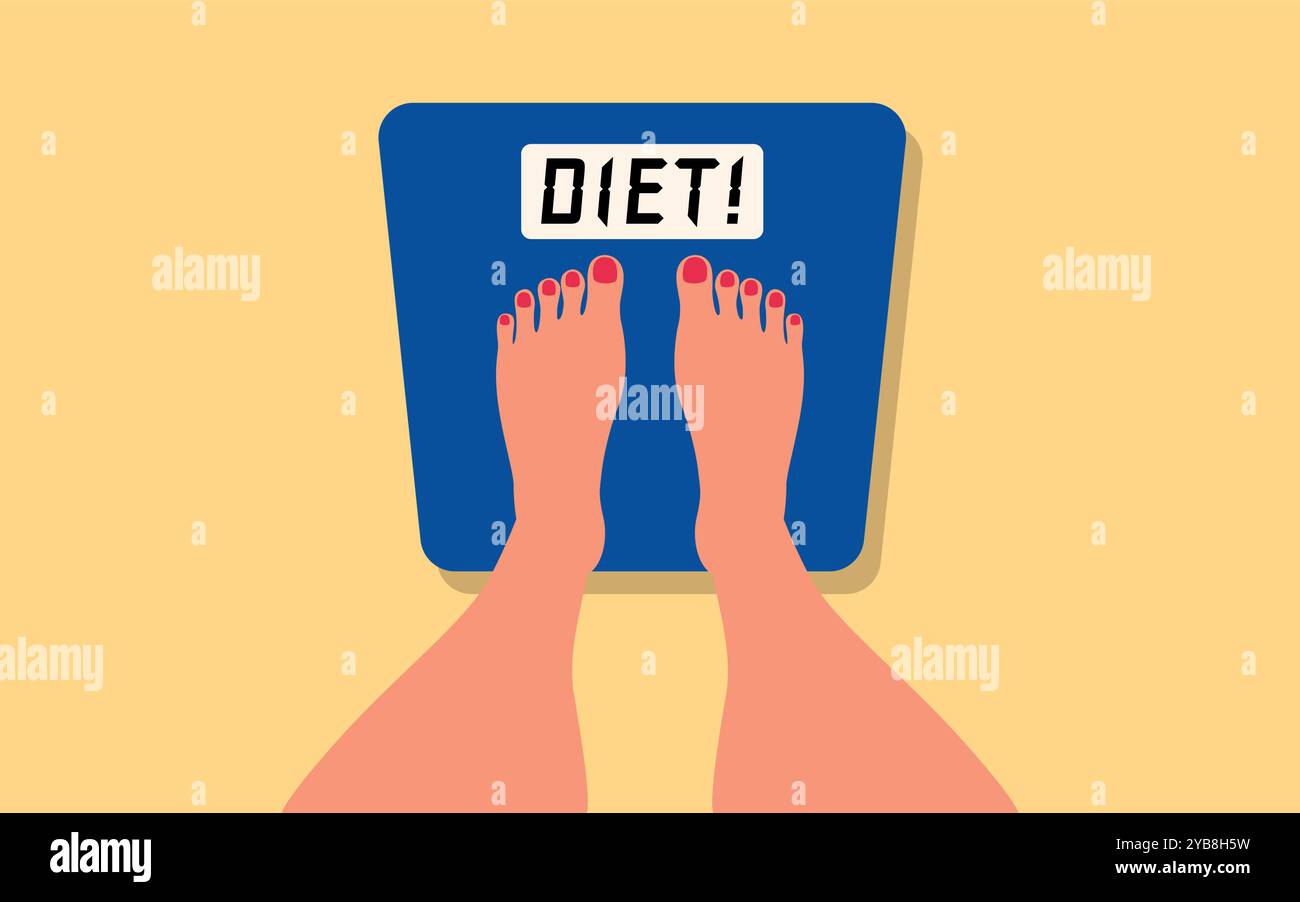 Illustration de dessin animé montrant les pieds d'une femme sur une échelle avec le mot RÉGIME affiché. Idéal pour la santé, le bien-être et la perte de poids. Illustration de Vecteur