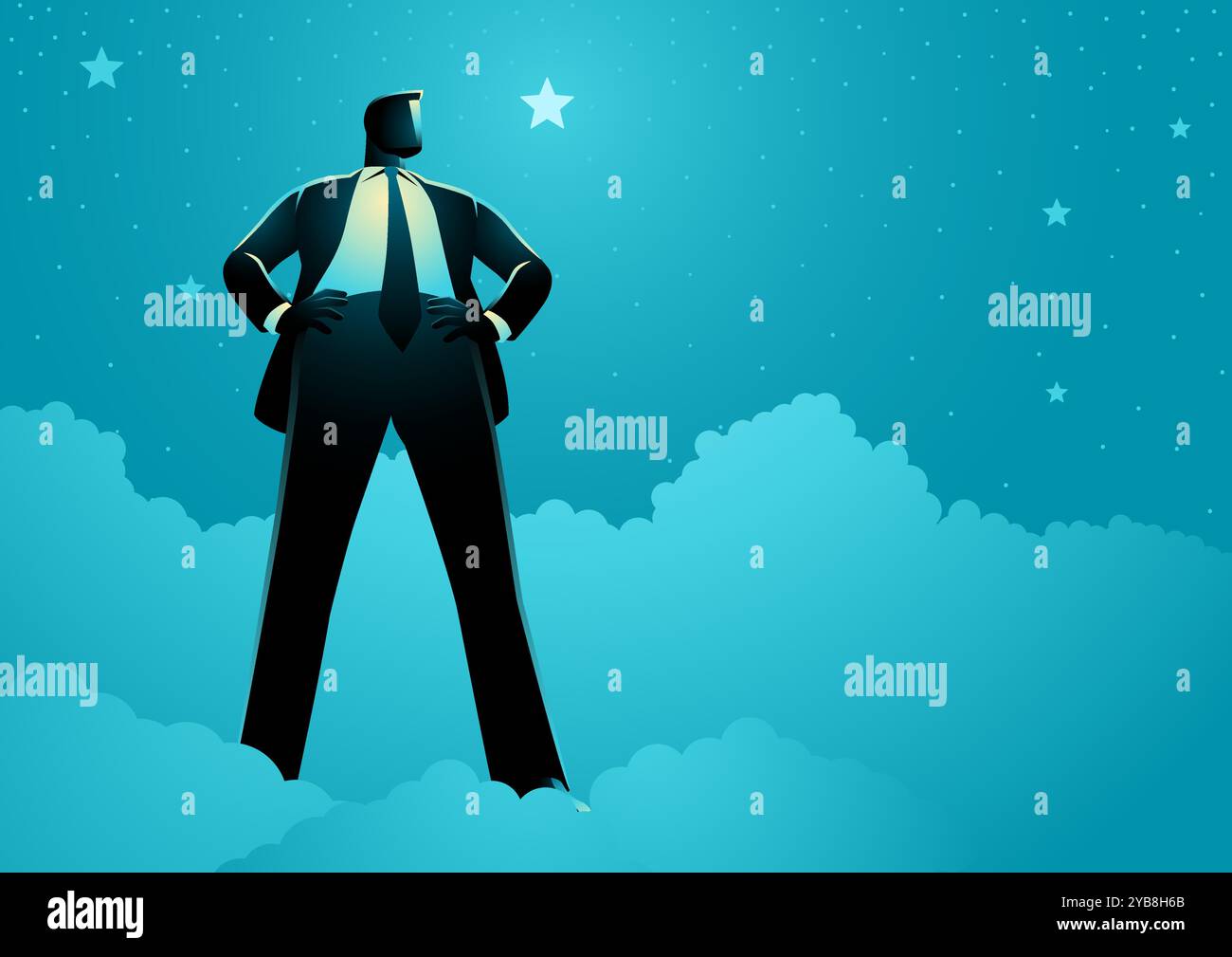 Homme d'affaires confiant debout avec les mains sur les hanches, entouré d'étoiles. Concepts d'autorité, de force et de leadership. Illustration de Vecteur Homme d'affaires confiant debout avec les mains sur les hanches, entouré d'étoiles. Concepts d'autorité, de force et de leadership. Illustration de Vecteur