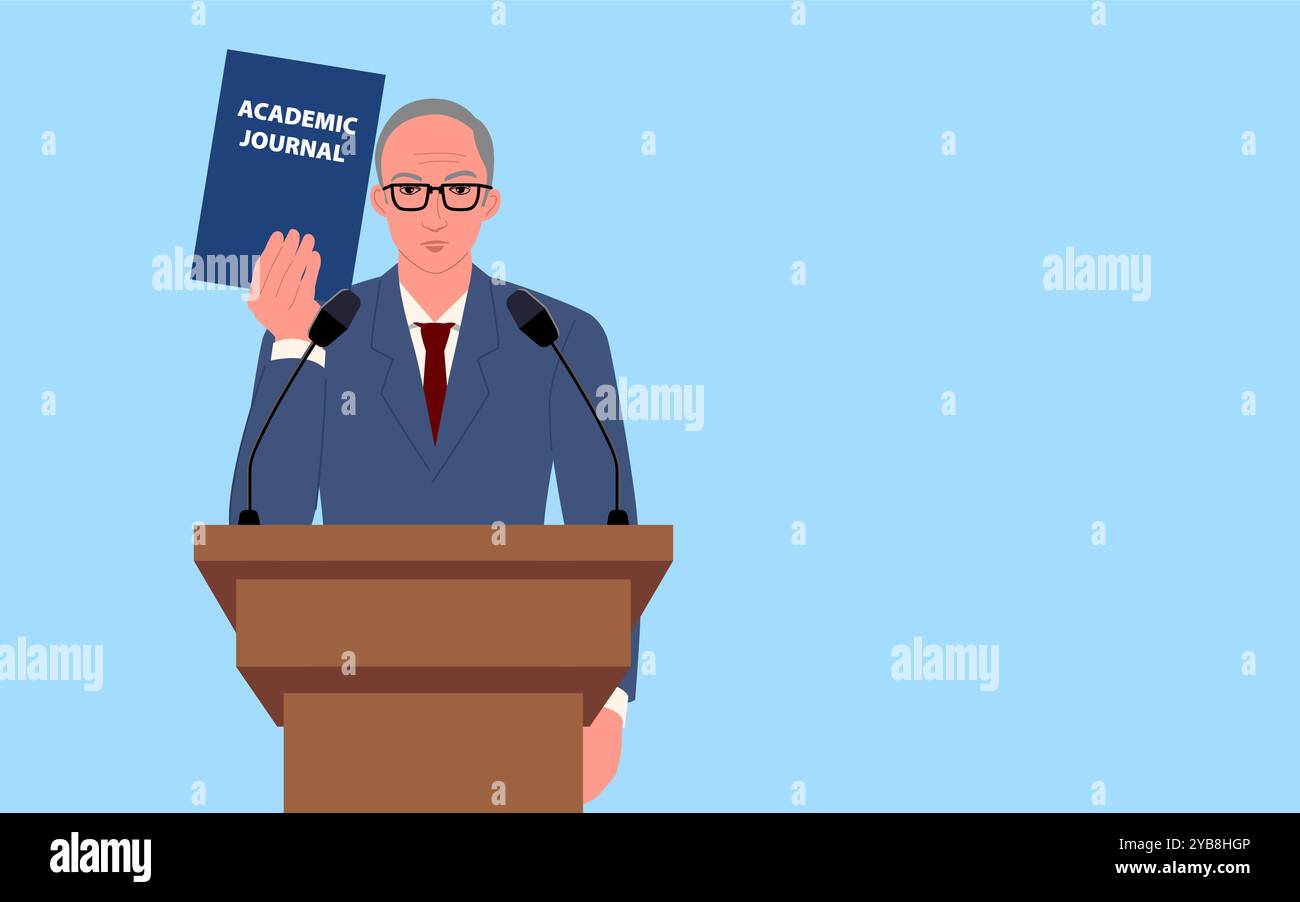 Professeur debout sur un podium, présentant un journal académique. Idéal pour le matériel éducatif, la recherche, les thèmes savants, les conférences universitaires. Illustration de Vecteur