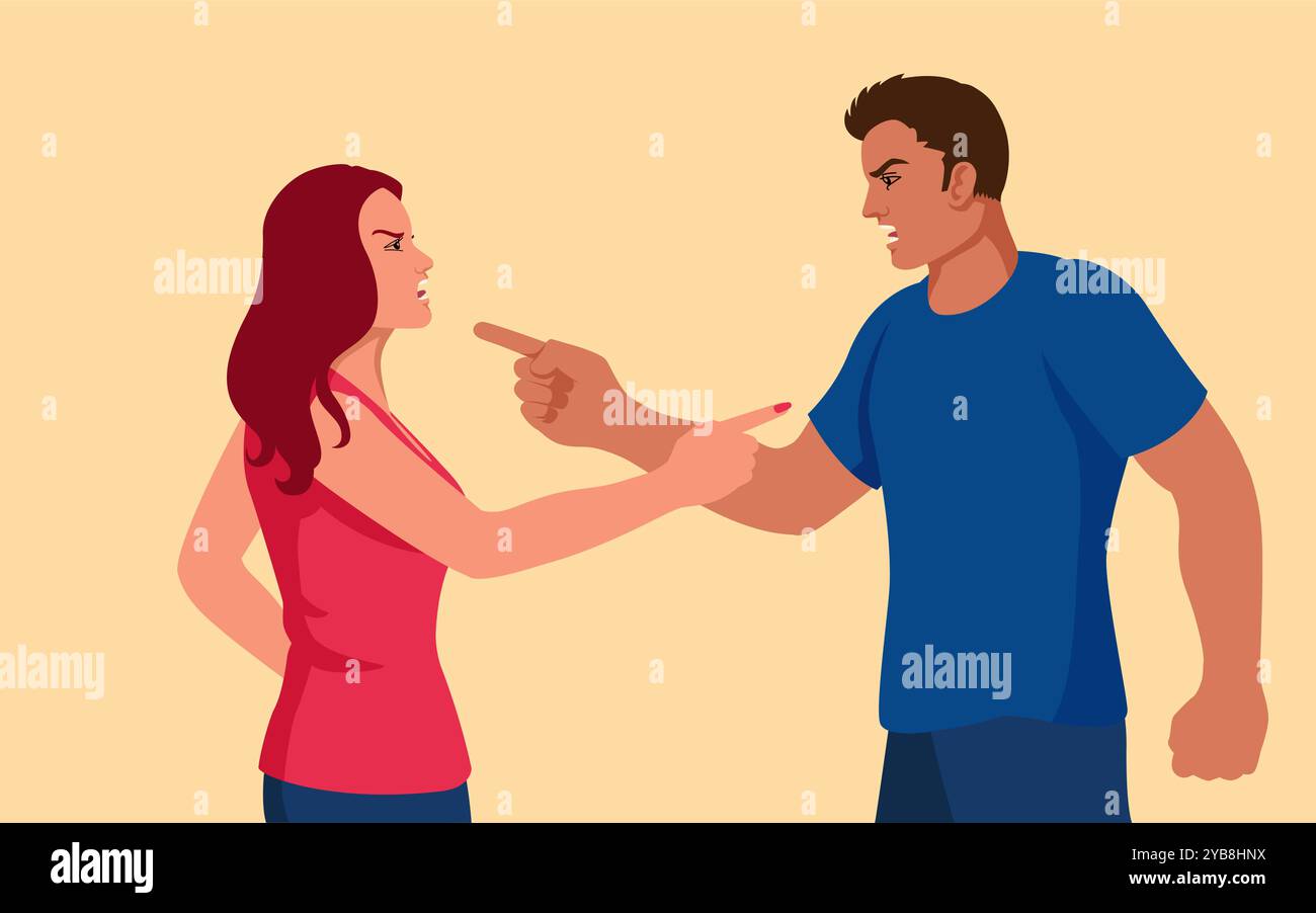 Illustration vectorielle plate simple d'un jeune couple se disputant, criant et se pointant vers l'autre, représentant un conflit relationnel, des problèmes de communication, Illustration de Vecteur