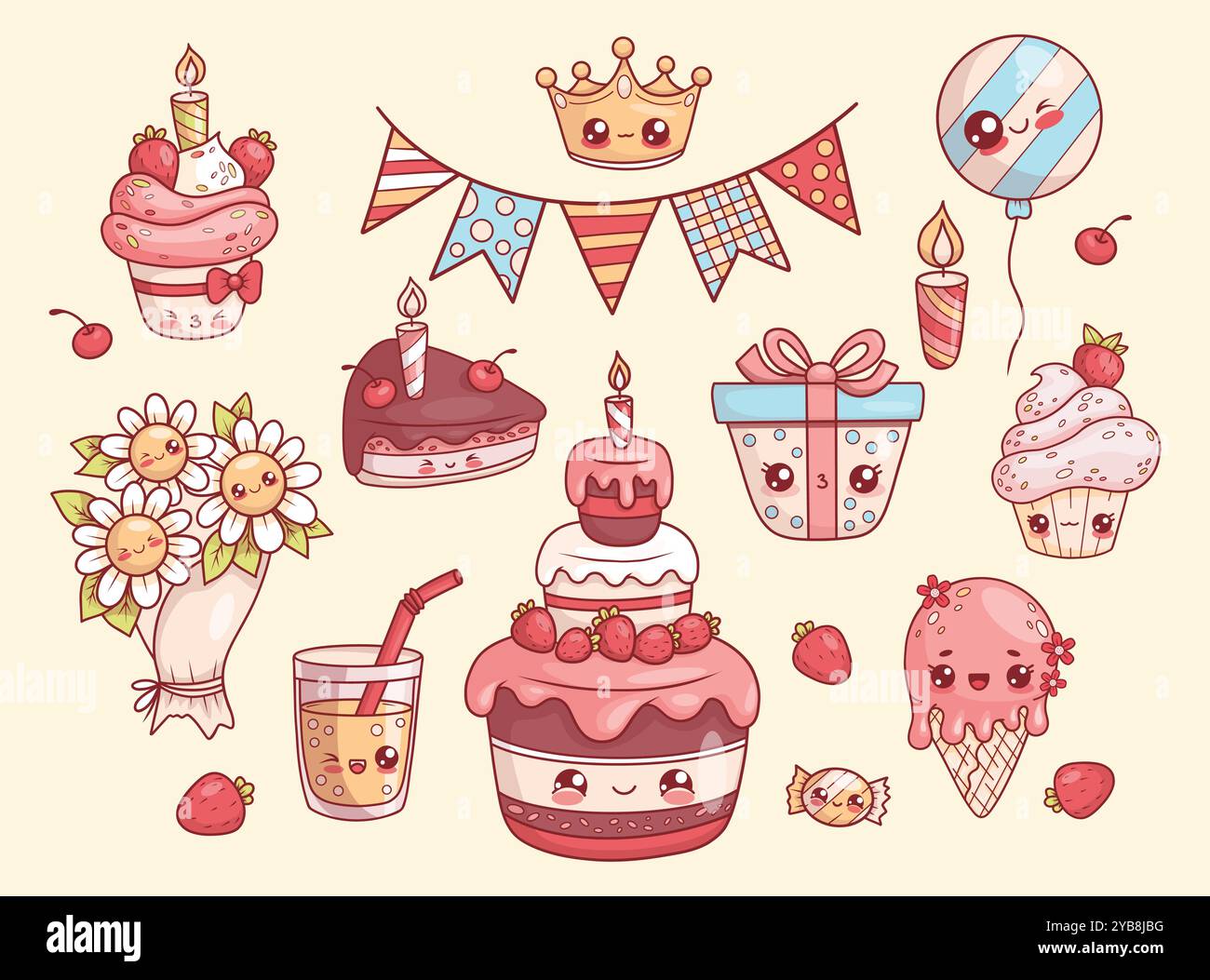 Ensemble vacances et fête. Nourriture de personnages de dessins animés douce isolée kawaii. Gâteau festif avec des bougies et des fraises, cupcakes, couronne, crème glacée, bouquet f Illustration de Vecteur