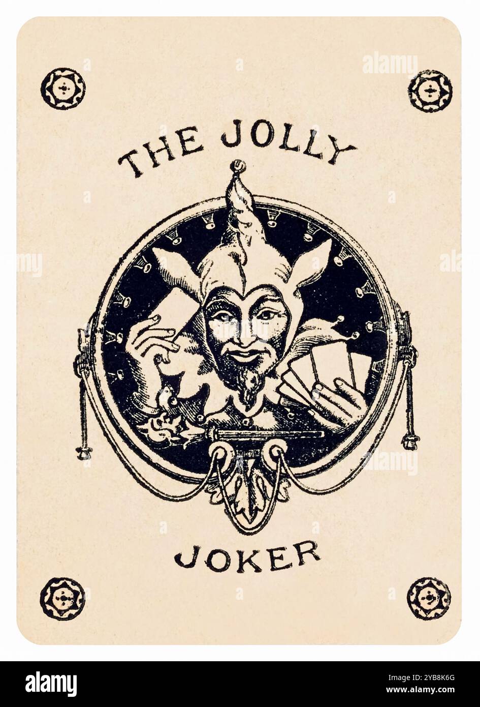 Illustration de cartes à jouer 'le Joker Jolly' montrant un bouffon tenant des cartes à jouer, jouant Whist. Photographie d'une terrasse originale française du début du XXe siècle. Banque D'Images