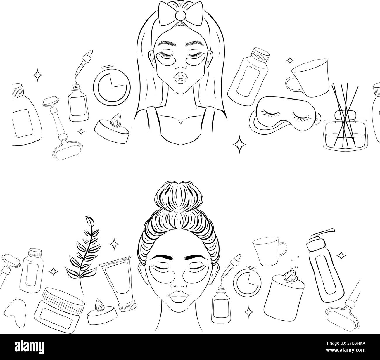 Ensemble horizontal sans couture de bordures de bouteilles de ligne pour la routine de beauté de soin de la peau. Produits et outils pour remèdes maison de soins de la peau. Vecteur linéaire Illustration de Vecteur