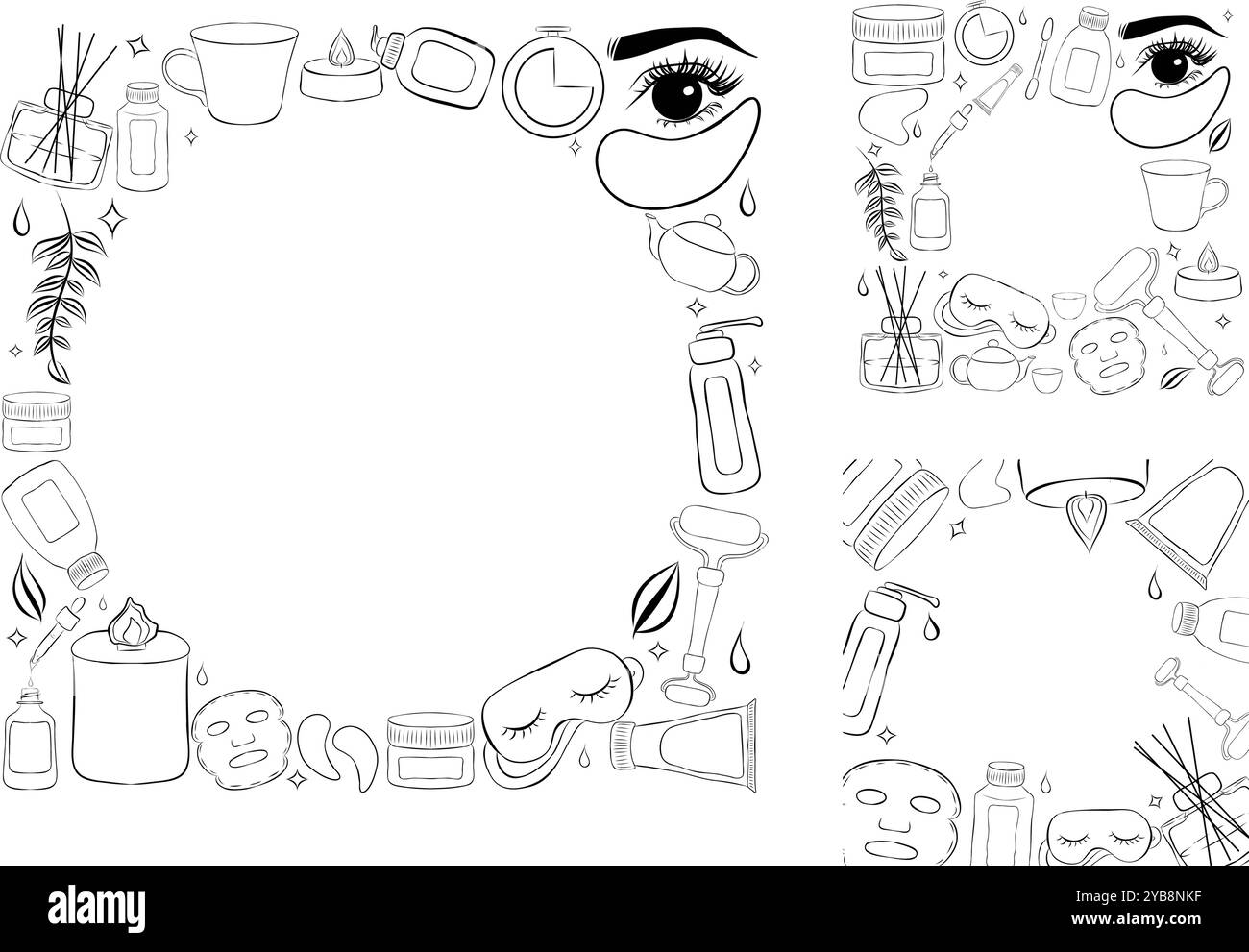 ensemble de cadres de modèles d'outils de routine de soin de la peau. Cercle de cadre de ligne de vecteur avec illustrations dessinées à la main de diffuseur d'arôme, sérum, masque de sommeil, bougie, Illustration de Vecteur