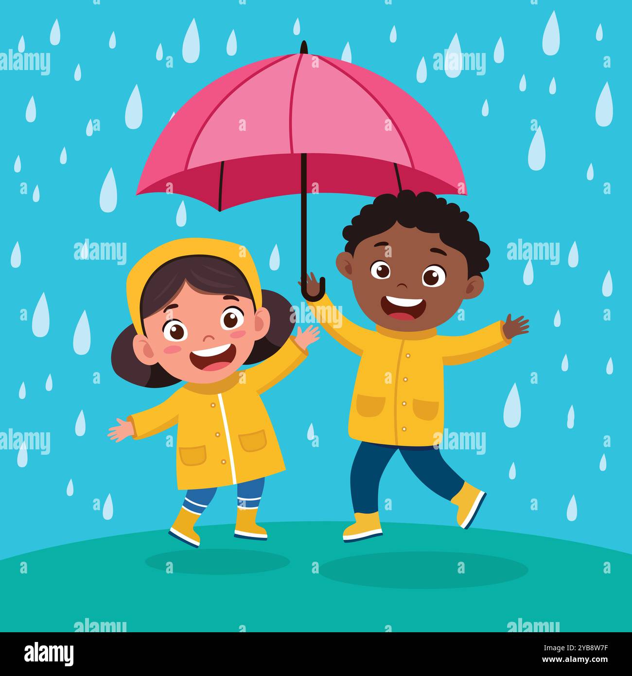 Fille mignonne profitant de la pluie. L'enfant porte un imperméable. Illustration vectorielle de jour de pluie avec une fille heureuse dans des bottes en caoutchouc Illustration de Vecteur