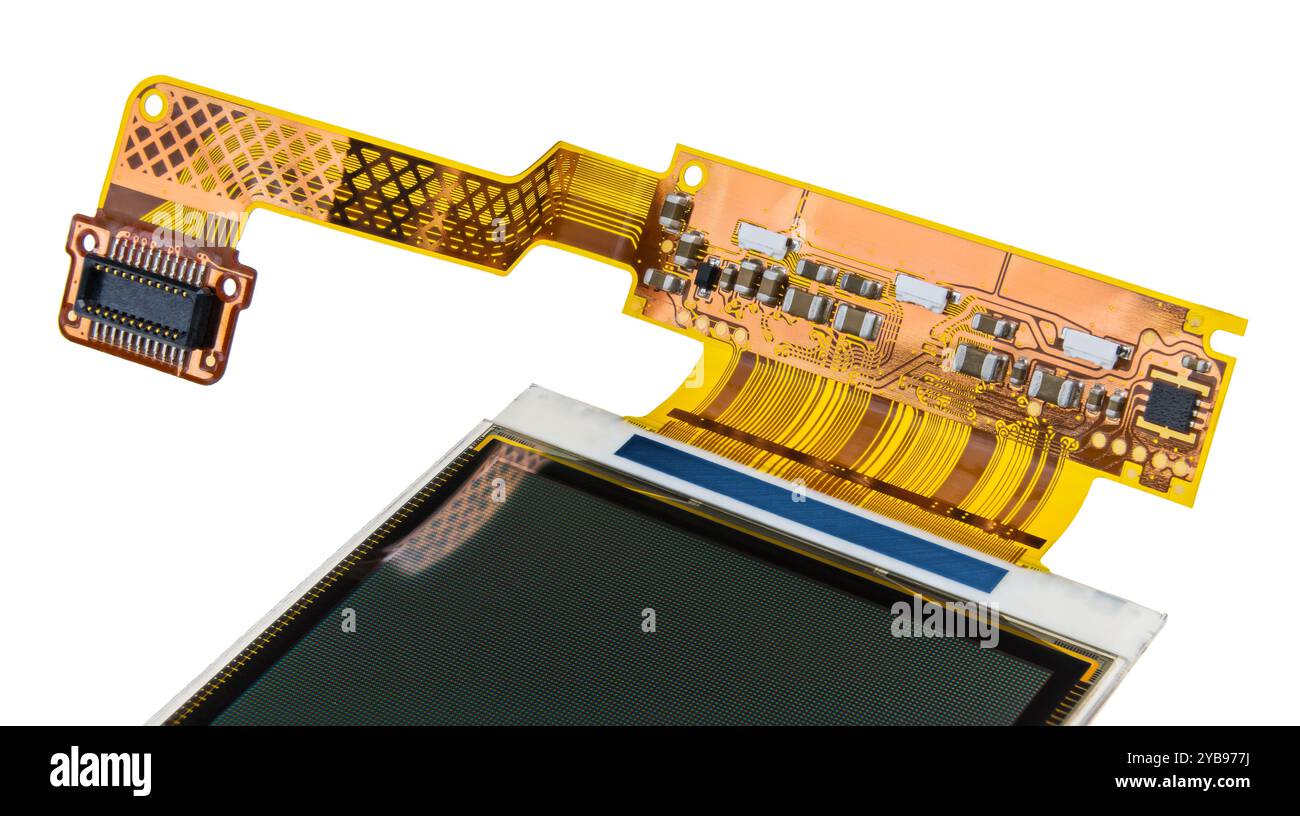 Circuit imprimé flexible à l'intérieur du téléphone mobile. Écran LCD de téléphone portable avec motif de diodes LED RGB sur câble FPC avec couche de cuivre et pièces électroniques. Banque D'Images