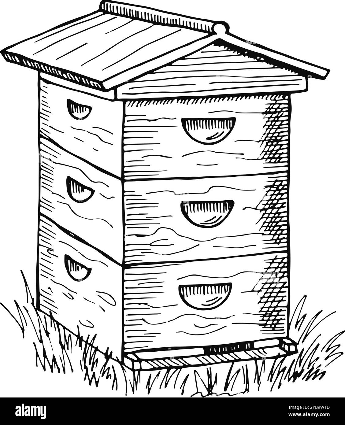 Ruche en bois. Maison d'essaim de ruches. Croquis de ferme Illustration de Vecteur