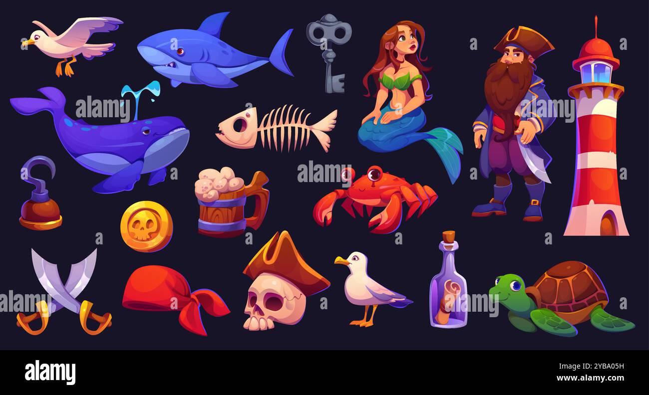 Actifs de jeu de pirate de dessin animé et personnages de corsaire pour l'aventure de l'île au trésor, icônes vectorielles. Caraïbes pirate jeu GUI actifs de sirène sirène, squelette de poisson et crâne de pirate dans le chapeau tricorne Illustration de Vecteur