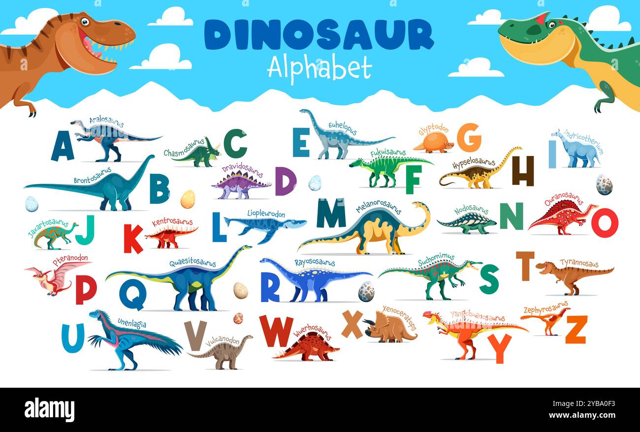 Alphabet de dinosaures pour enfants avec des personnages de dinosaures de bande dessinée et un ensemble de typographie vectorielle d'oeufs. Lettres majuscules avec dinosaures préhistoriques, affiche d'éducation des enfants. Mignons animaux dinosaures lettres de l'alphabet anglais Illustration de Vecteur