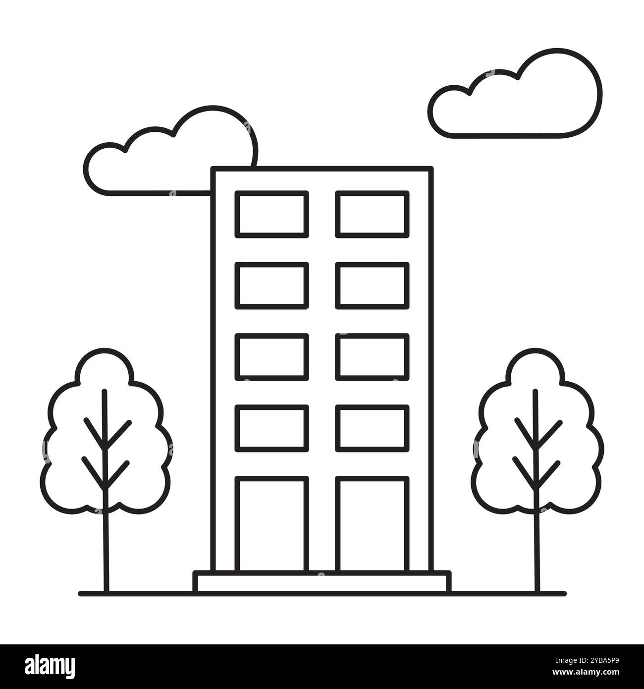 Contour noir et blanc d'un grand bâtiment avec des arbres. Style minimaliste, lignes fines. Deux nuages dans le ciel. Illustration de Vecteur