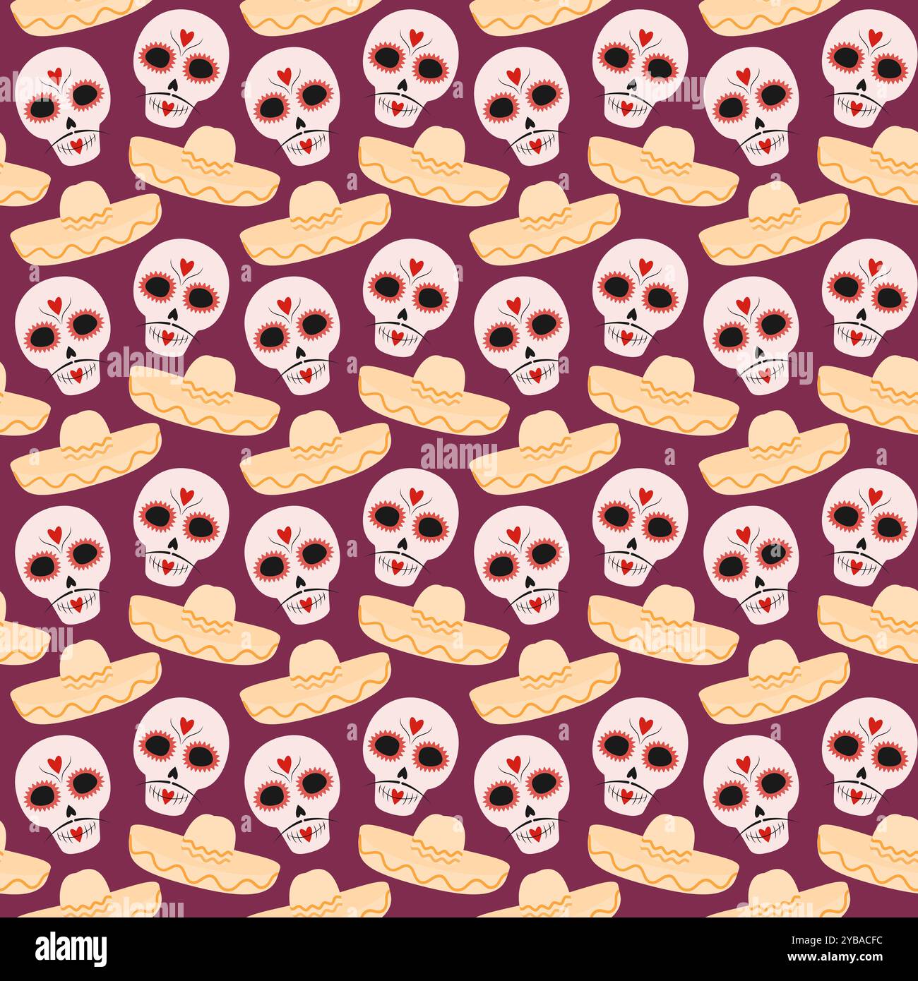 Crânes de sucre peints avec moustache et sombrero modèle sans couture jour du fond festif des morts. Illustration vectorielle isolée emballage, papier peint ou web, cartes, affiches, bannière, message d'accueil ou étiquettes Illustration de Vecteur