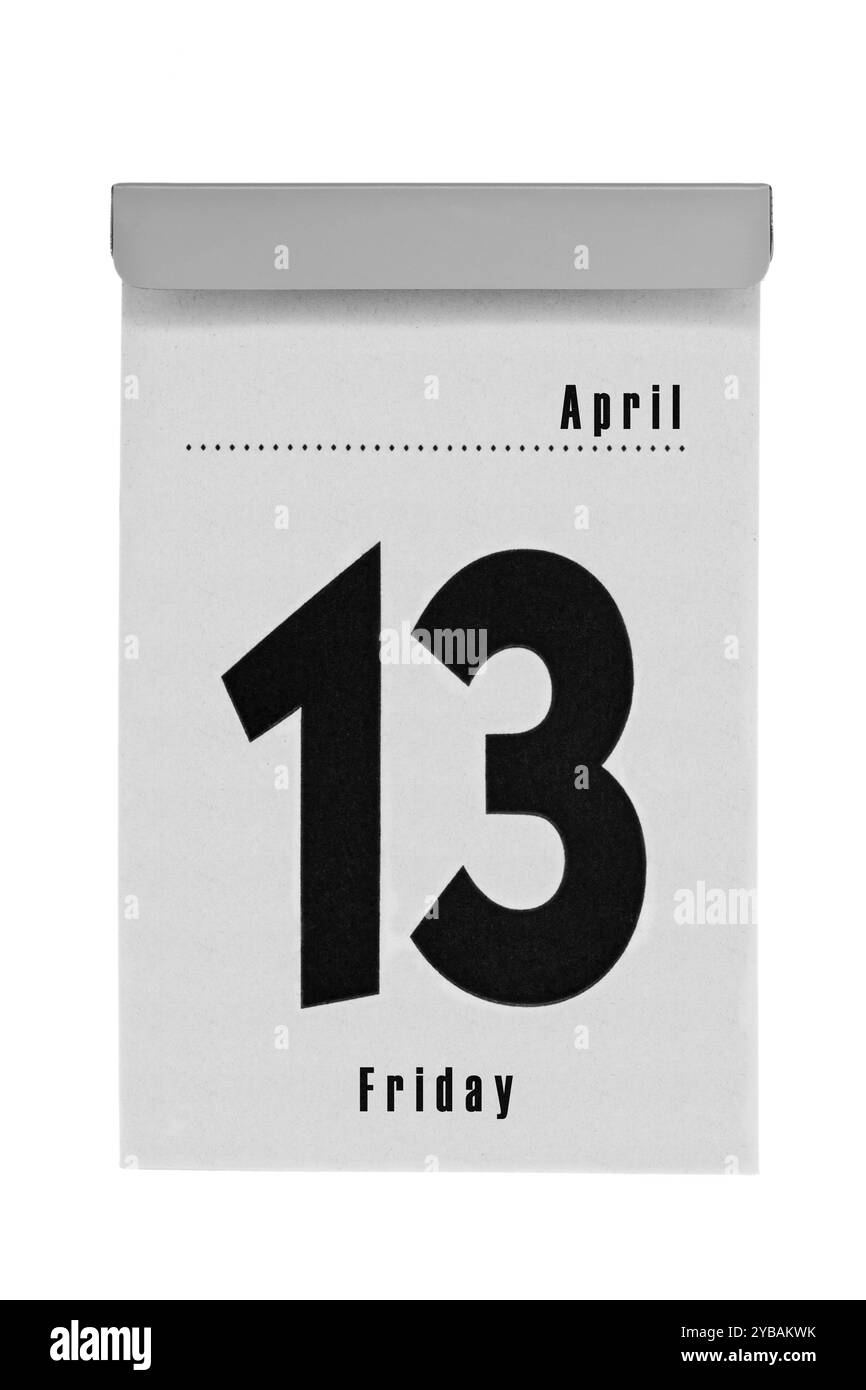 Calendrier déchirable montre vendredi le treizième d'avril, un jour malchanceux pour beaucoup de gens, isolé sur un fond blanc Banque D'Images Calendrier déchirable montre vendredi le treizième d'avril, un jour malchanceux pour beaucoup de gens, isolé sur un fond blanc Banque D'Images