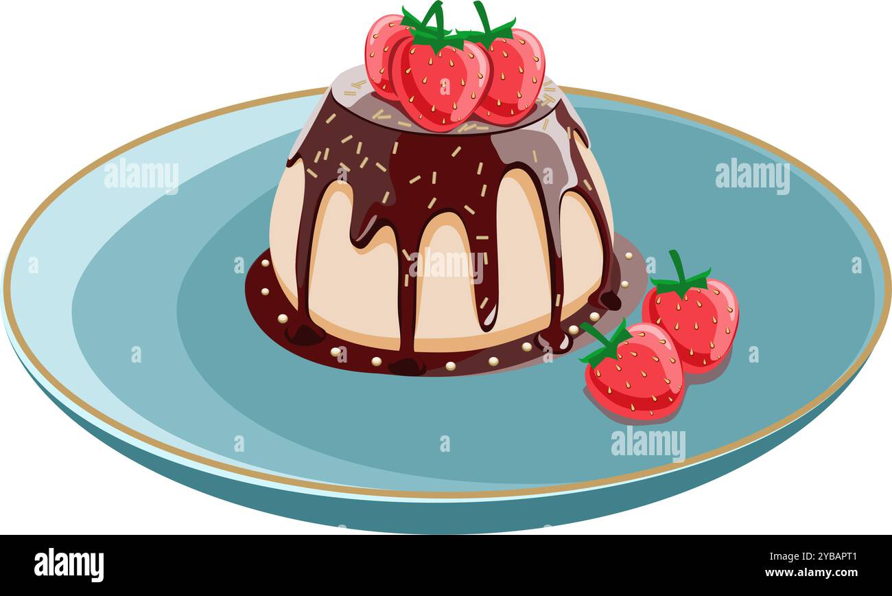 Panna cotta au chocolat avec des fraises sur une illustration vectorielle de plaque Illustration de Vecteur