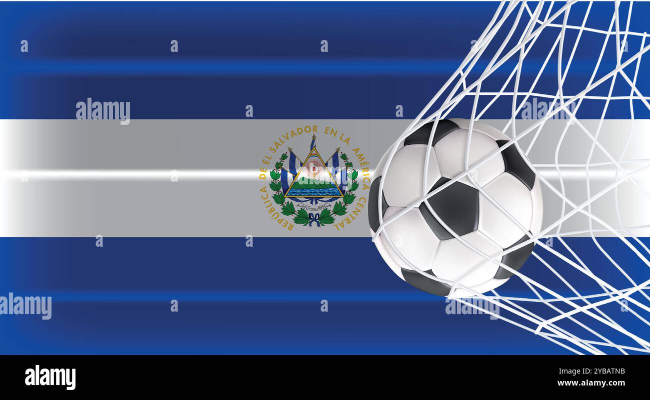 Football ou ballon de football dans Goal Net isolé sur El Salvador drapeau ombragé, équipement accessoire de sport pour jouer jeu, championnat et compétition Illustration de Vecteur