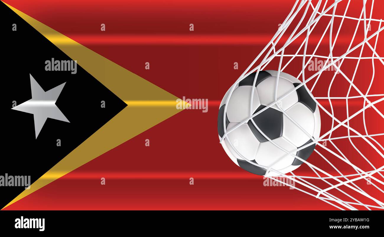 Soccer ou ballon de football dans Goal Net isolé sur le drapeau ombragé du Timor oriental, équipement accessoire de sport pour jouer au jeu, au championnat et à la compétition Illustration de Vecteur