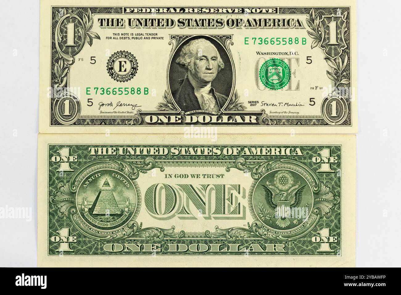 U.S. One Dollar Bill côtés avant et arrière sur fond isolé blanc Banque D'Images