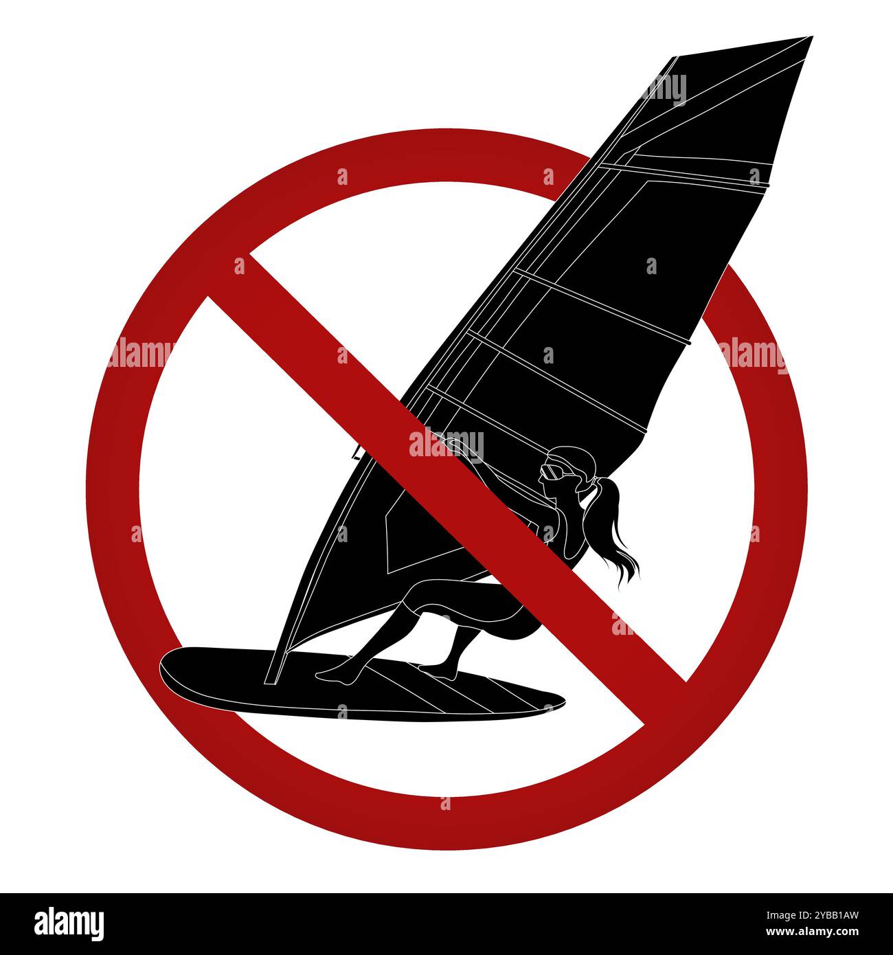 Vecteur signe interdit avec planche à voile isolé du fond. Silhouette noire de surf dans la mer en badge interdit. Danger de nager Illustration de Vecteur