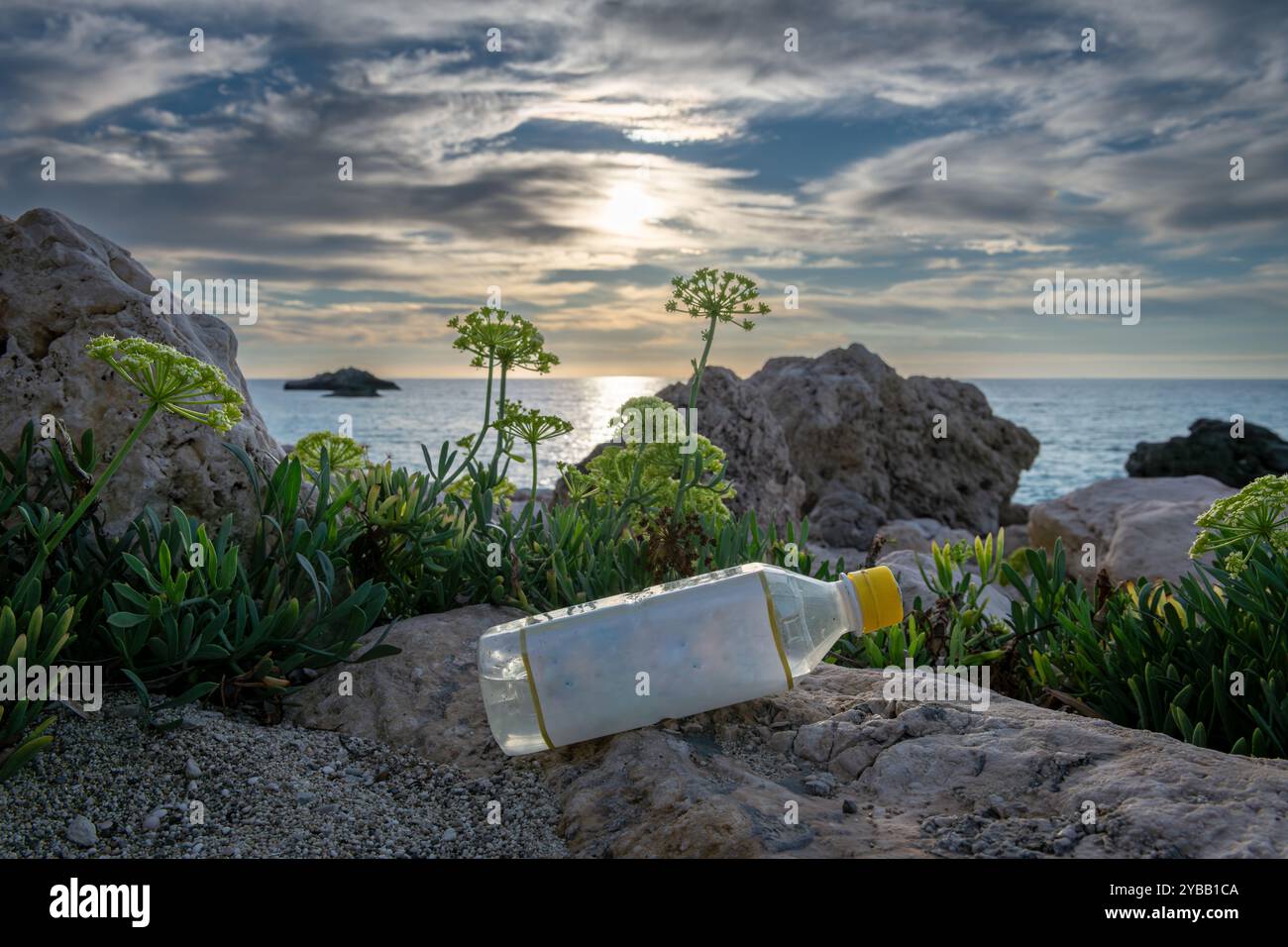 Une bouteille en plastique laissée négligemment sur une belle plage avec un coucher de soleil sur la mer en arrière-plan. Un concept environnemental de pollution. Banque D'Images