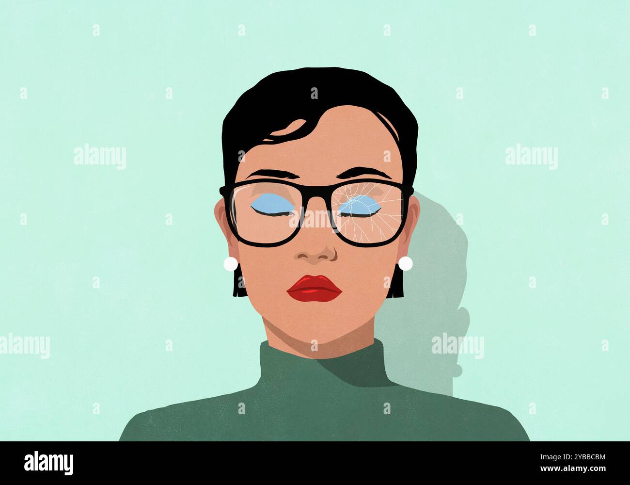 Femme avec les yeux fermés portant des lunettes fissurées Banque D'Images