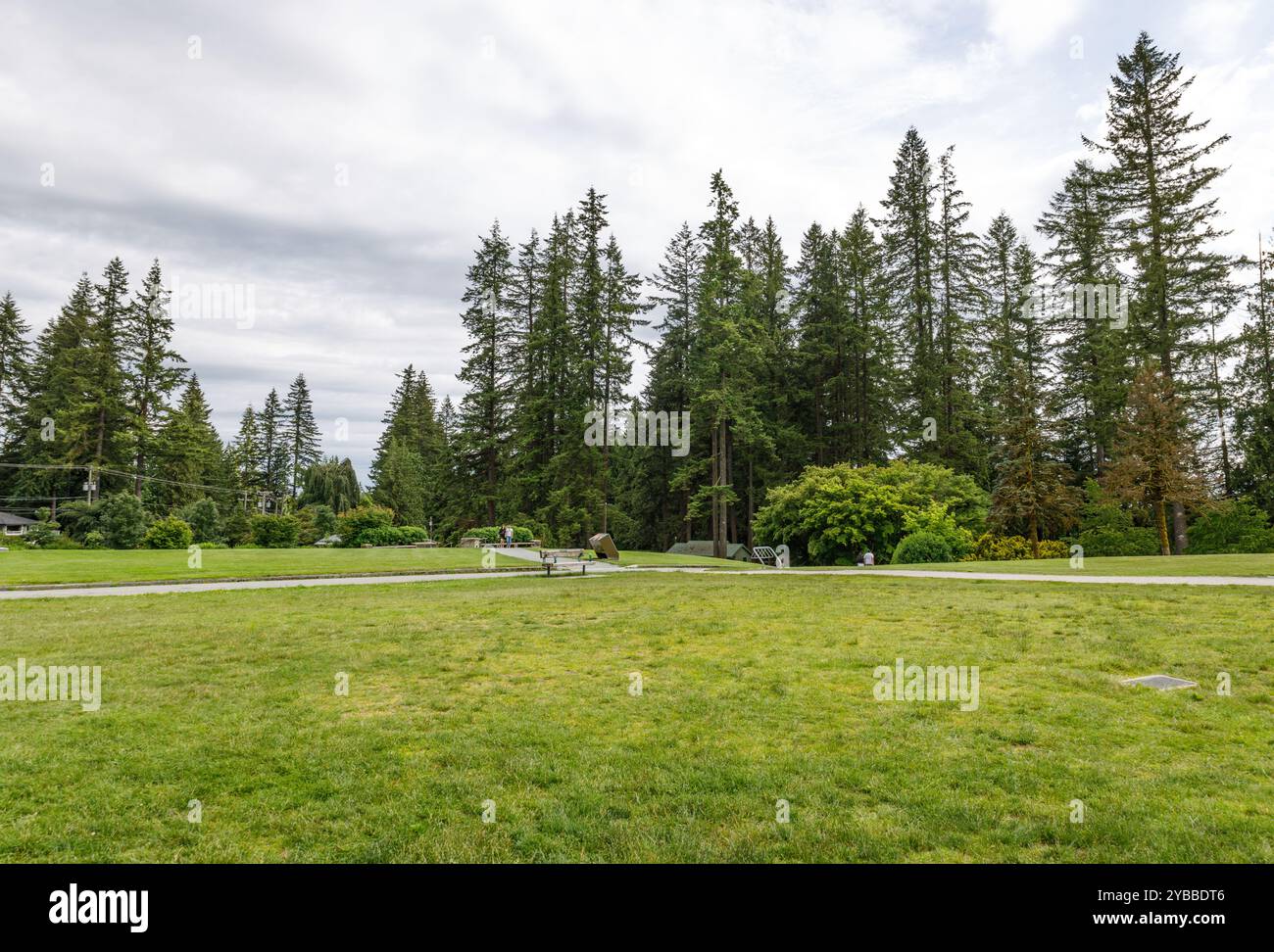 Une vue panoramique sur le parc régional de la rivière Capilano avec des forêts luxuriantes, des montagnes enneigées, et un chemin clair menant au réservoir, parfait pour sortir Banque D'Images