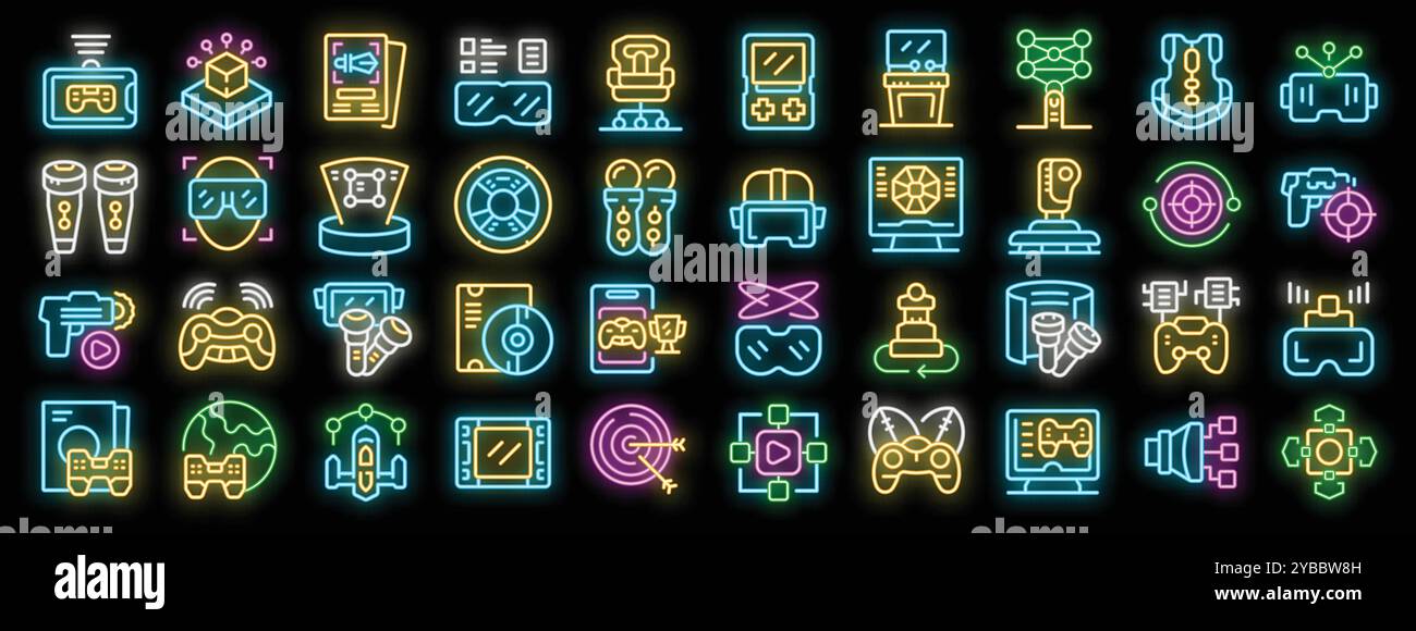 Les personnes jouant à des jeux en utilisant un ensemble d'icônes de néon de réalité augmentée virtuelle, illustration vectorielle Illustration de Vecteur