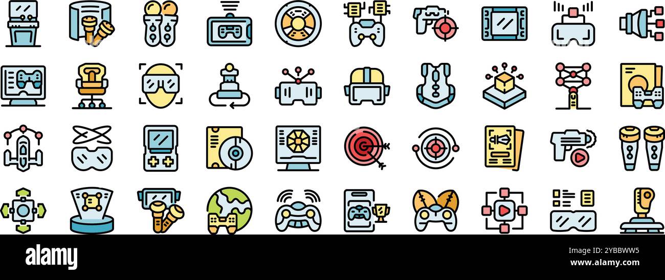 Les personnes jouant à des jeux en utilisant la technologie de réalité virtuelle et l'icône des appareils définie dans le style de ligne mince Illustration de Vecteur