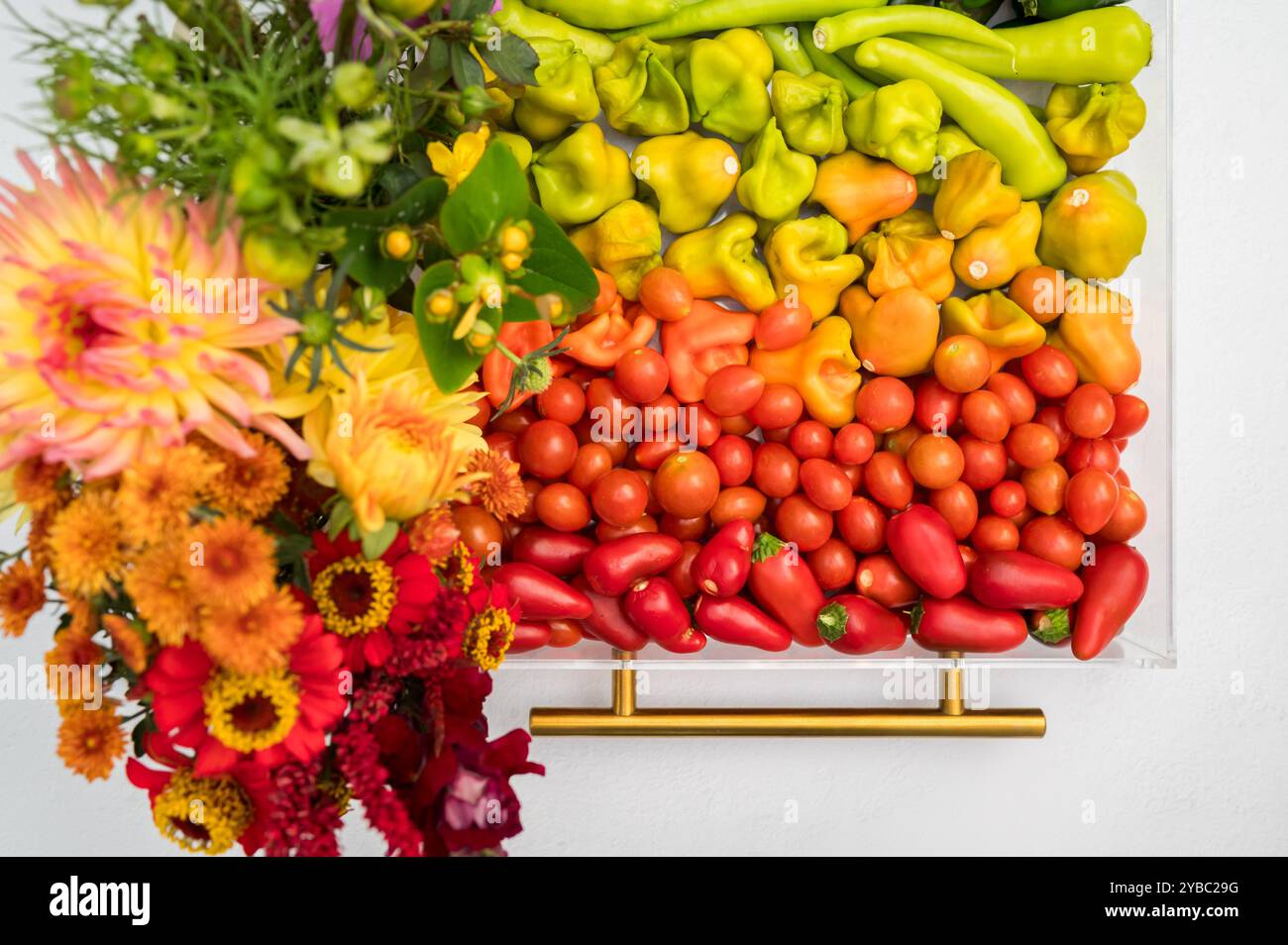 Légumes et fleurs colorés cueillis à la main disposés dans la teinte arc-en-ciel Banque D'Images