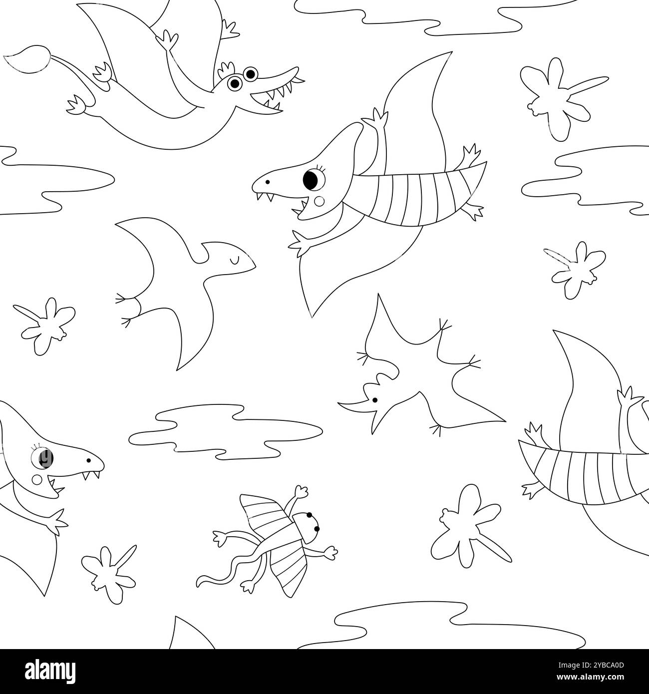 Modèle sans couture de dinosaure volant noir et blanc de vecteur avec ptérosaures. Fond de répétition animal préhistorique de ligne. Papier numérique Dino ou coloriage pag Illustration de Vecteur