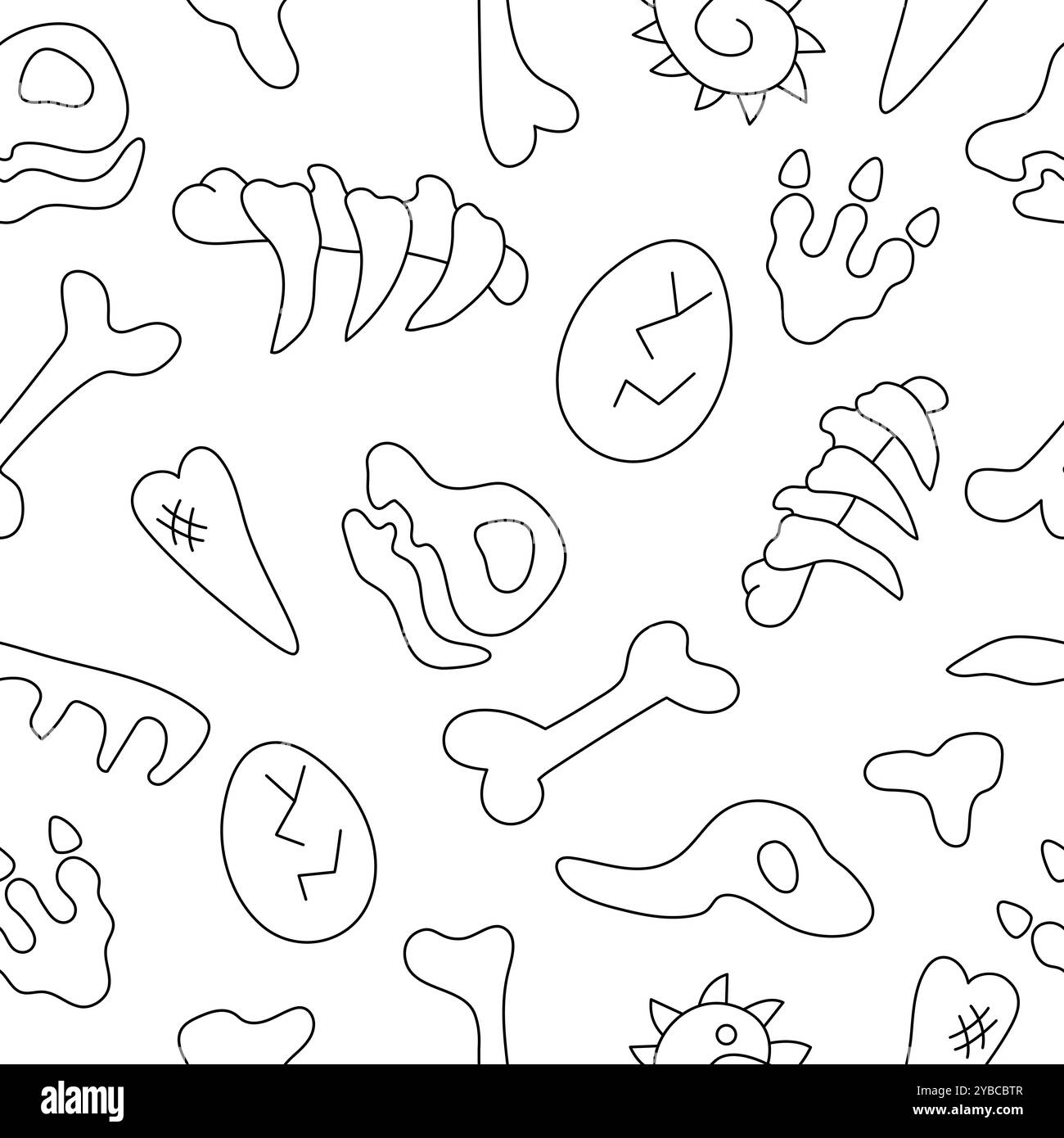 Vecteur os de dinosaure noir et blanc, squelettes et crânes sans couture. Line animal fossile préhistorique répéter le fond ou la page à colorier. Archa Illustration de Vecteur