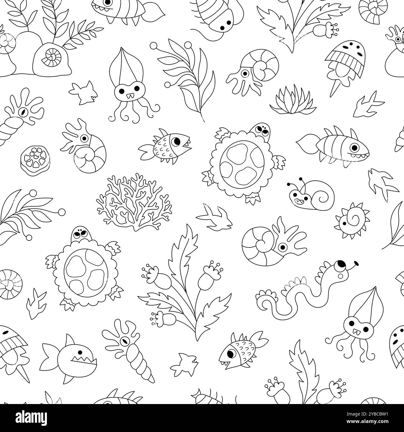 Vecteur noir et blanc ancien poisson et créatures marines modèle sans couture. Fond de répétition d'animal aquatique préhistorique de ligne. Période dinosaure numérique PA Illustration de Vecteur