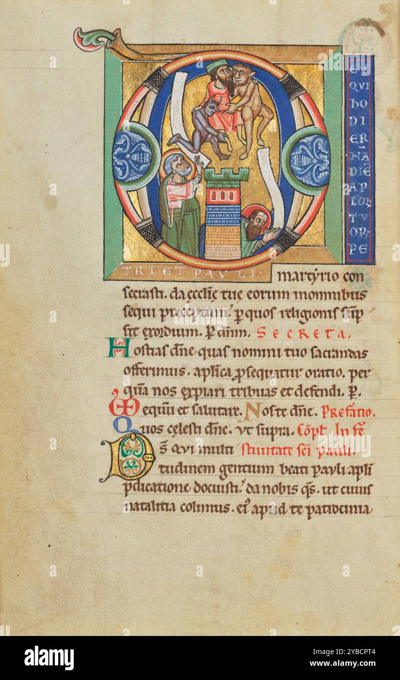 D initial : la chute de Simon Magus ; Stammheim Missal, probablement des années 1170 Informations supplémentaires:L'histoire du magicien Simon Magus occupe le d initial qui dirige la messe pour les saints Pierre et Paul. Porté en altitude par deux démons, Simon Magus plane au-dessus de la ville de Rome tandis que les saints Pierre et Paul prient en contrebas. Comme décrit dans le Nouveau Testament, Simon a tenté de rivaliser avec les pouvoirs des apôtres de Jésus pour tomber à sa mort. Pour cette raison, il était considéré comme l'hérétique archétypal. Banque D'Images