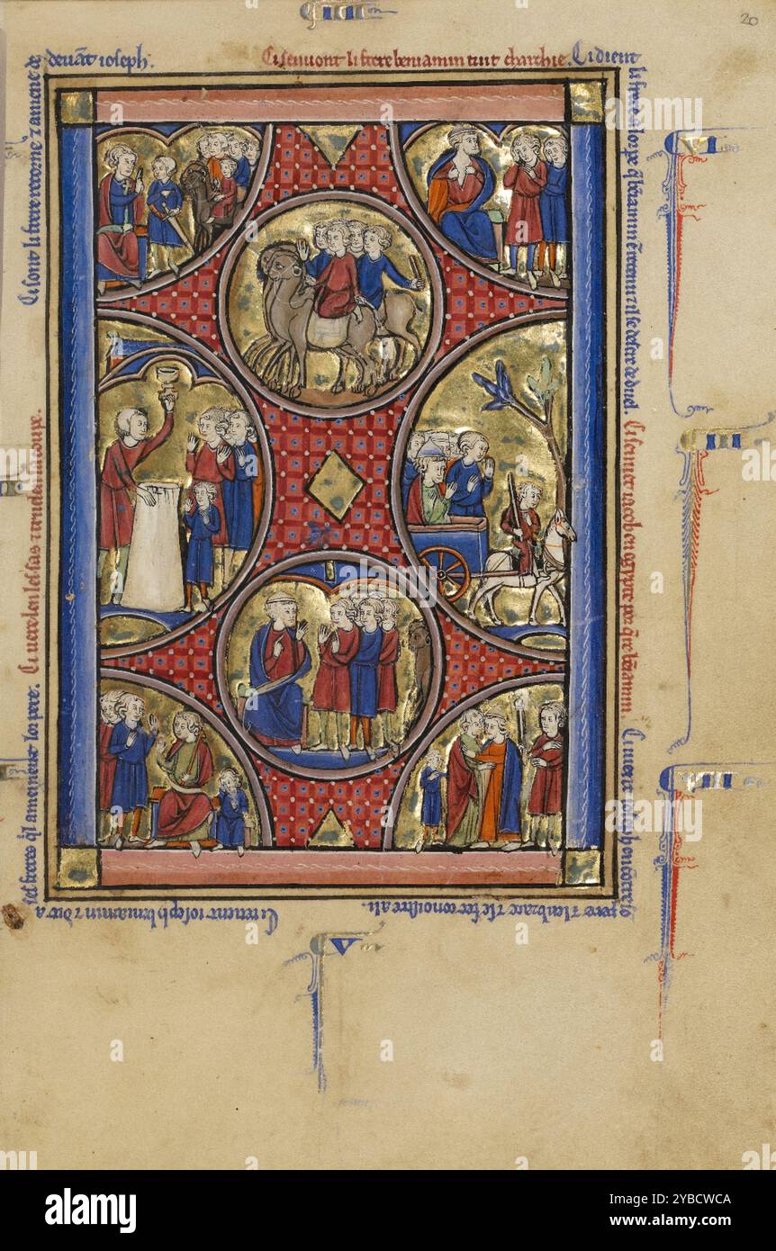 Scènes de la vie de Joseph ; Psautier de Venceslas, vers 1250-1260. Informations supplémentaires:les scènes sur cette page continuer l'histoire de Joseph et ses frères en Egypte commencée sur la page en regard. Le patriarche Joseph, qui a été vendu en esclavage par ses frères, a atteint une position de pouvoir en Egypte. D’abord non reconnus par ses frères, Joseph les envoie chercher leur père âgé Jacob, qui fait ensuite le voyage en Egypte. Les retrouvailles entre Jacob et son fils Joseph illustrées dans la cocarde en bas à droite complètent l'histoire. Divisé en sections circulaires avec des fonds dorés brunis, Banque D'Images