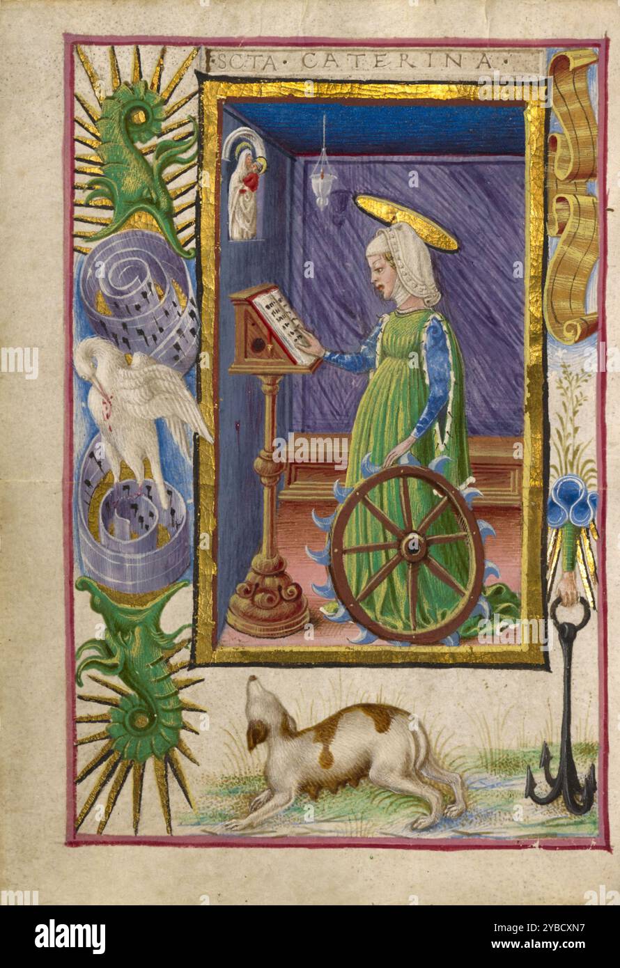 Sainte Catherine d'Alexandrie ; heures de Gualenghi-d'Este, vers 1469. Informations supplémentaires :dans une petite pièce, Sainte Catherine d'Alexandrie lit et prie à partir d'un livre sur son lutrin. Immergée dans la prière, Catherine sert de modèle de piété au lecteur de ce livre de dévotion personnel. La miniature apparaît avant les prières dédiées à Sainte Catherine dans la section du livre d'heures contenant les suffrages. Sainte Catherine était particulièrement populaire auprès des femmes au moyen âge. Une ancre et des lis dans la bordure droite peuvent être des emblèmes d'Orsina d'Este et de sa famille, suggérant que le patron Banque D'Images