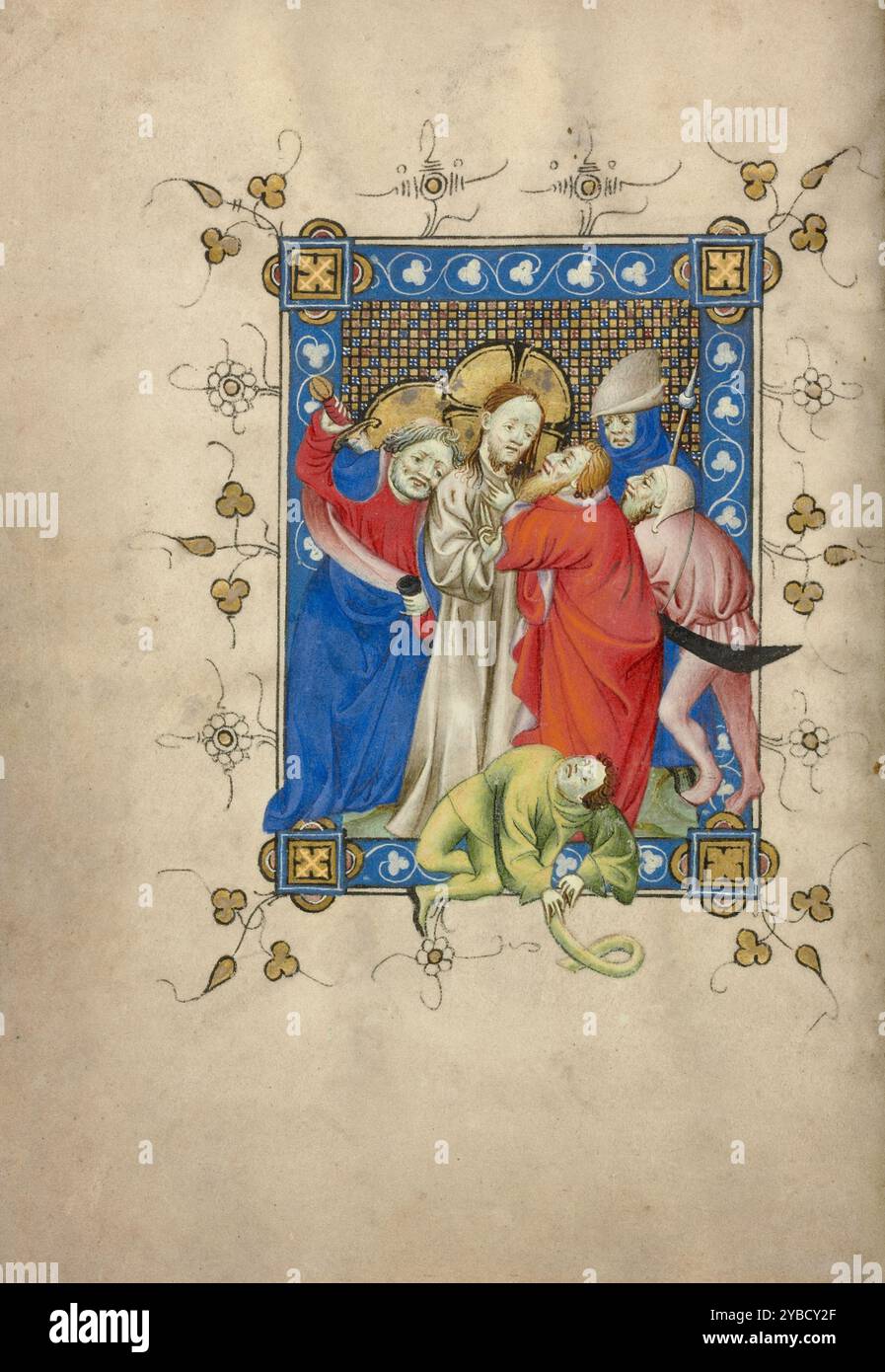 La trahison du Christ ; Livre des heures, vers 1405-1410. Informations supplémentaires:dans l'espace peu profond et presque claustrophobe de cette miniature, Judas trahit Jésus avec un baiser, un signal pré-arrangé qui avertit les soldats romains de l'identité de Jésus. Sur la gauche, l'apôtre Pierre lève son épée pour couper l'oreille du soldat romain Malchus. Vêtue d'un vert vif, cette petite figure tombe maladroitement au sol devant Jésus. Sur la droite, les soldats se musclent pour arrêter Jésus. Poussant et faisant des gestes, les soldats d'un côté et l'épée dressée de Pierre de l'autre chevauchent le cadre de l'image. L'artiste bondait th Banque D'Images