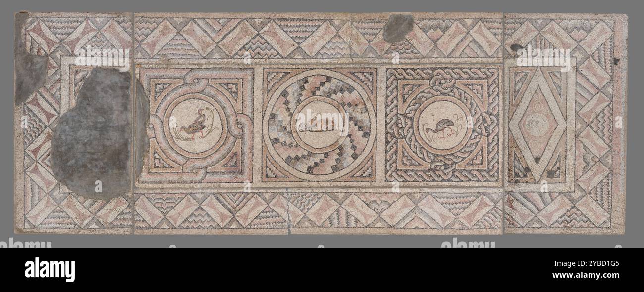 Sol en mosaïque avec des animaux (7), environ A.D. 400. Informations supplémentaires : des motifs élaborés entourent les médaillons centraux de cette mosaïque, qui représentent des oiseaux picotant au feuillage et un lièvre mangeant des raisins. Quatre pièces de bordure supplémentaires décorées de motifs géométriques (70.AH.96.2-.5) encadraient à l'origine ce panneau de la mosaïque. Fouillée en 1938 juste à l'est de l'ancienne ville d'Antioche (aujourd'hui Antakya, Turquie), la mosaïque décorait le sol de l'entrée du frigidarium (salle d'eau froide) d'un bain public. Le bâtiment a également été utilisé comme lieu de rassemblement et de divertissement. Bien que le bain Banque D'Images Sol en mosaïque avec des animaux (7), environ A.D. 400. Informations supplémentaires : des motifs élaborés entourent les médaillons centraux de cette mosaïque, qui représentent des oiseaux picotant au feuillage et un lièvre mangeant des raisins. Quatre pièces de bordure supplémentaires décorées de motifs géométriques (70.AH.96.2-.5) encadraient à l'origine ce panneau de la mosaïque. Fouillée en 1938 juste à l'est de l'ancienne ville d'Antioche (aujourd'hui Antakya, Turquie), la mosaïque décorait le sol de l'entrée du frigidarium (salle d'eau froide) d'un bain public. Le bâtiment a également été utilisé comme lieu de rassemblement et de divertissement. Bien que le bain Banque D'Images