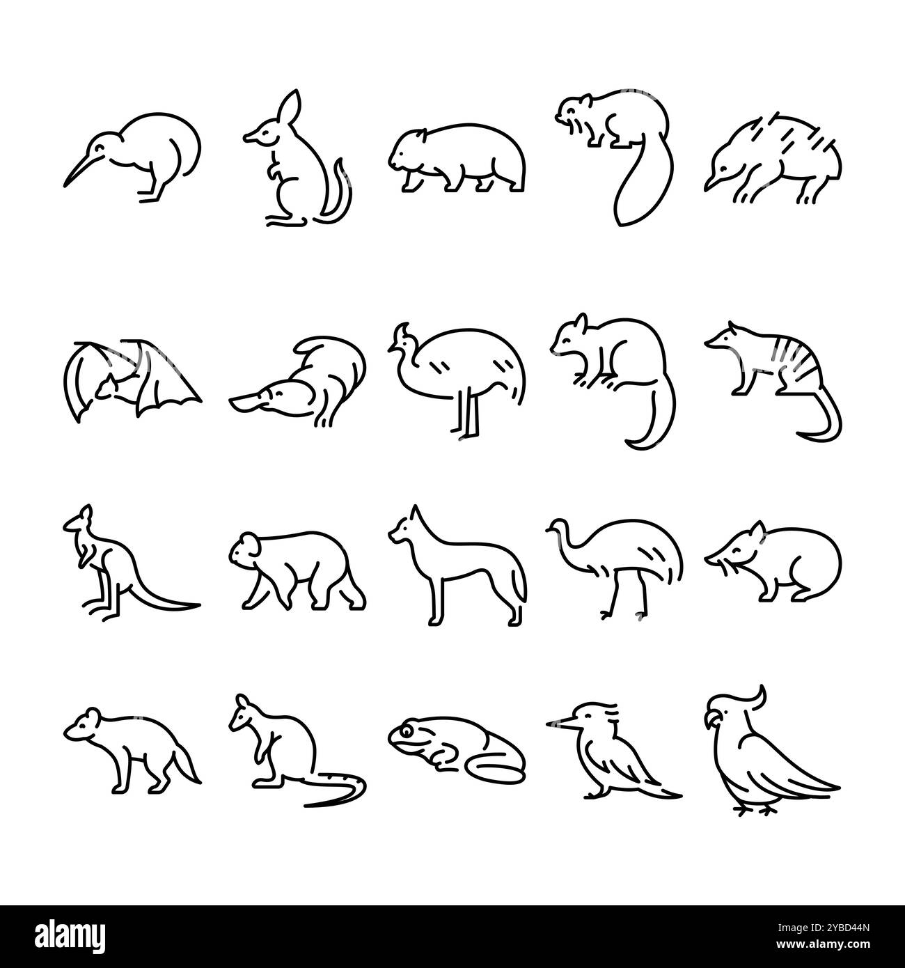 Illustrations des lignes noires des animaux australiens. Contour modifiable. Illustration de Vecteur
