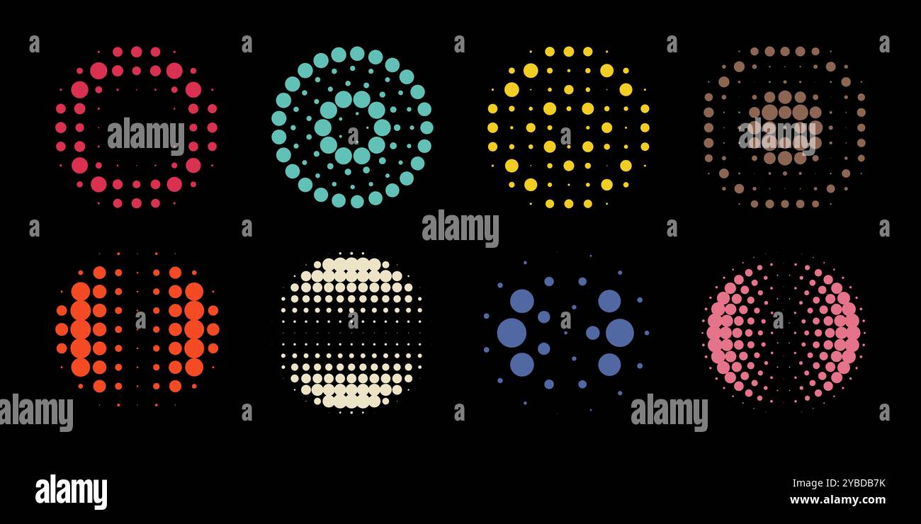 Des motifs circulaires vibrants de différentes couleurs sont disposés dans une grille. formes vectorielles demi-teintes Illustration de Vecteur