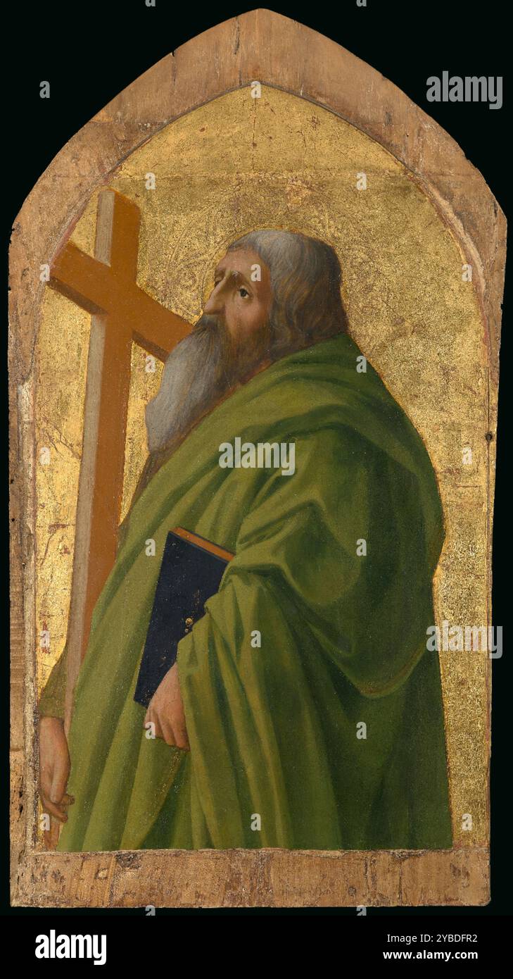 Saint Andrew, 1426. Informations complémentaires : Saint André est identifié par ses attributs d'une croix et d'un livre. La croix fait référence à son martyre par crucifixion. Le panneau Saint André faisait à l'origine partie du niveau supérieur droit d'un grand retable commandé par un riche officier public pour une église à Pise. Le regard obsédant d'Andrew dans ce tableau est tourné vers le Christ sur la croix, représentée dans le panneau central supérieur du retable. D'autres panneaux du retable de quinze pieds de haut se trouvent dans les musées de toute l'Europe. Banque D'Images