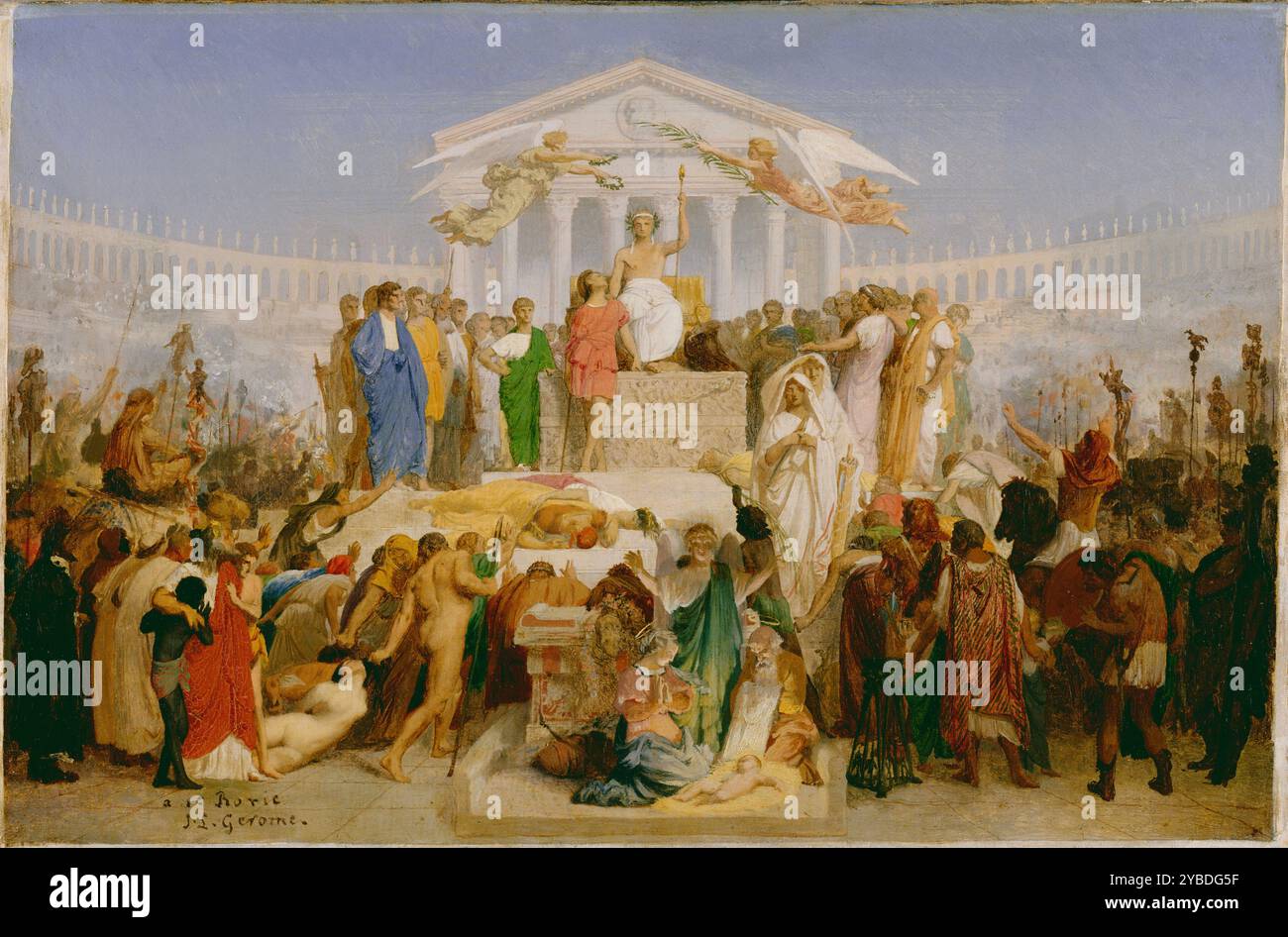 L'âge d'Auguste, la naissance du Christ, vers 1852-1854. Informations supplémentaires : au sommet de cette étude théâtralement arrangée, Auguste César est assis devant le Temple de Janus et touche l'épaule d'un homme personnifiant Rome. Autour de lui se trouvent des érudits et des hommes d'État tandis que des tribus étrangères se rassemblent en dessous. La scène de la Nativité au premier plan illustre le moment coïncident de paix mondiale sous Auguste lorsque le Christ est né.&LT; Banque D'Images