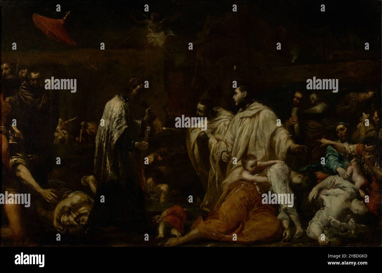 Béni Bernard Tolomei intercédant pour la cessation de la peste à Sienne, vers 1735. Informations complémentaires : pendant la peste Noire de 1348, le bienheureux Bernard Tolomei a quitté la sécurité de son monastère bénédictin à Monte Oliveto et est retourné dans sa Sienne natale pour s'occuper des malades et des mourants. Il succombe à la peste la même année et devient bientôt l'objet de la dévotion religieuse. Un abbé de l'ordre monastique de Bernard commanda ce tableau en 1736, alors que Bernard était considéré comme Saint. Vêtus d'une robe blanche et tenant un crucifix, Bernard et un autre moine s'occupent de la peste Banque D'Images