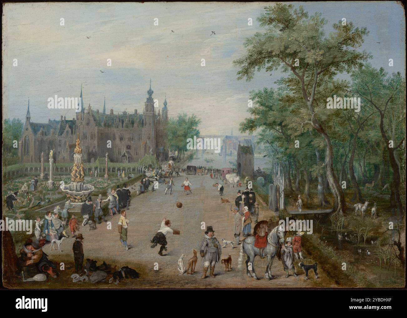 Un jeu de balle devant un palais de campagne, vers 1614. Adriaen van de Venne a capturé les plaisirs fous de la cour et des loisirs dans cette petite peinture. Bordant une large voie, un assortiment de personnes regardent une partie de balle. À gauche, un jardin formel avec des fleurs et des sculptures est aménagé devant un grand château fantastique. Au premier plan gauche, deux amants sont assis dans l'ombre près d'un luth renversé et d'une pile de vêtements jetés par les joueurs de balle. Sur la droite se trouve une zone forestière fermée avec des chèvres et des cerfs. Cette peinture, qui représente probablement l'été, fait partie d'une série de quatre paysages répresen Banque D'Images Un jeu de balle devant un palais de campagne, vers 1614. Adriaen van de Venne a capturé les plaisirs fous de la cour et des loisirs dans cette petite peinture. Bordant une large voie, un assortiment de personnes regardent une partie de balle. À gauche, un jardin formel avec des fleurs et des sculptures est aménagé devant un grand château fantastique. Au premier plan gauche, deux amants sont assis dans l'ombre près d'un luth renversé et d'une pile de vêtements jetés par les joueurs de balle. Sur la droite se trouve une zone forestière fermée avec des chèvres et des cerfs. Cette peinture, qui représente probablement l'été, fait partie d'une série de quatre paysages répresen Banque D'Images