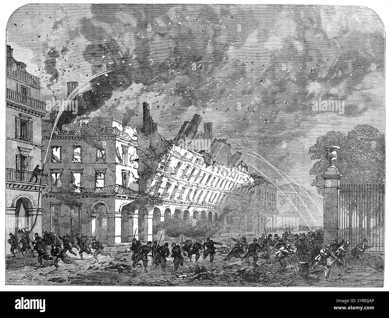L'incendie de Paris : chute de maisons de la rue de Rivoli, 1871. «...les insurgés, n'étant pas dérangés et sentant leur cas désespéré, virent les Tuileries, le Trésor et la rue Royale...[vue montrant] la chute du mur avant du ministère des Finances, dans la rue de Rivoli, en face du mur latéral et de la rampe des jardins des Tuileries. Ce bâtiment est tombé à onze heures jeudi, après avoir brûlé de nombreuses heures. Tiré de "Illustrated London News", 1871. Banque D'Images
