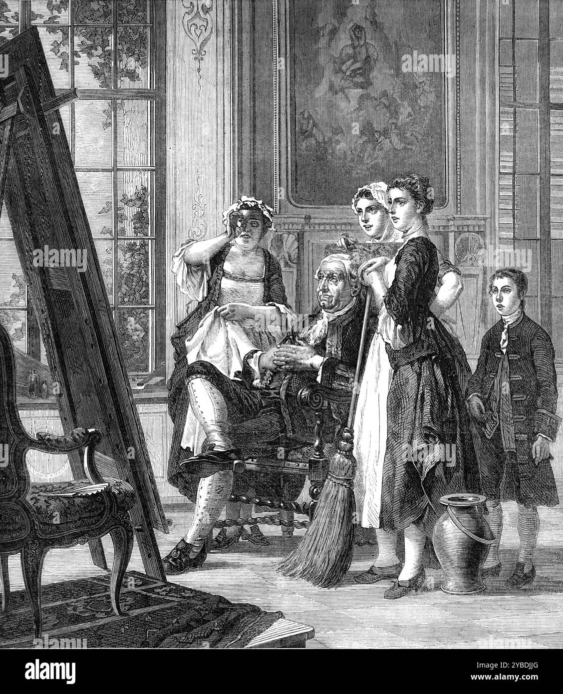 "The Critics", de Carl Hoff, 1871. Gravure d'un tableau. 'La maîtresse de la maison a été assise pour son portrait. La séance est maintenant terminée, mais elle a laissé son ventilateur sur la chaise qui a été placée sur le "trône" de l'artiste à gauche. Le sitter et l'artiste ont sans aucun doute quitté la maison ; et ainsi, profitant de leur absence, tous les domestiques de l'établissement - du steward bewigged dans sa magnifique livrée à la page à la tête élégante, cuisinière, femme de maison, et femme de chambre - viennent à passer leur jugement critique sur la performance. Le verdict est apparemment Banque D'Images