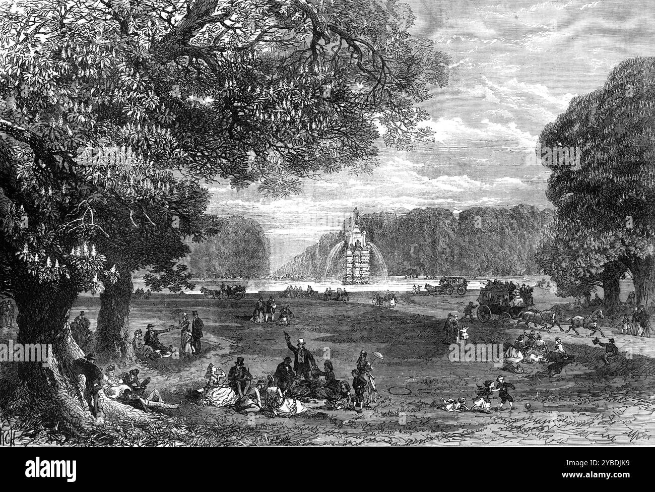 Les châtaigniers dans Bushey Park, 1871. 'Une belle vue peut être vue, juste à cette période de l'année, à environ douze ou treize miles de Londres... la voie publique à travers la grande avenue, d'une porte du parc à l'autre, librement ouverte aux marcheurs, ou aux cavaliers à cheval ou dans une calèche, est toujours agréable; et il est maintenant magnifique, avec l'une des plus belles lignes doubles de châtaigniers que l'Angleterre puisse montrer... la magnifique structure des feuilles, chaque feuille individuelle étant un groupe de cinq grandes feuilles, attachées à une seule tige, et étalées asunder comme les cinq doigts d'un wi Banque D'Images