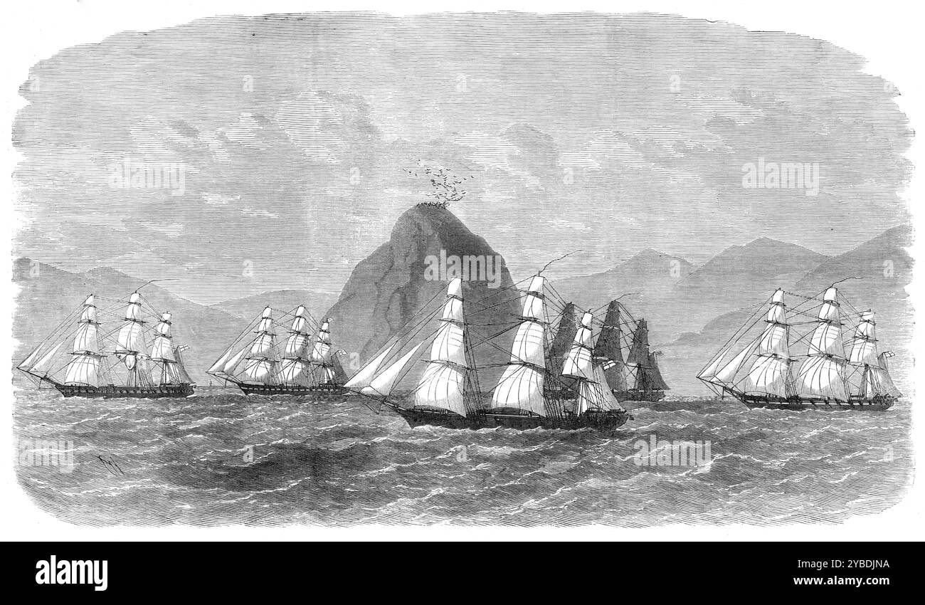 Le British Flying Squadron passant le Diamond Rock, au large de la Martinique, 1871. L'escadron volant ou mobile des navires de sa Majesté, sous le commandement du contre-amiral Beauchamp Seymour, C.B., est toujours parmi les îles des Antilles. Selon les derniers récits de la Jamaïque au 9 avril, il était à Port Royal, et y resterait jusqu'au 20, quand il devait partir pour Havannah, et de là se rendre aux Bermudes. Il se compose du Narcisse, 28, capitaine Codrington, avec le drapeau du contre-amiral Seymour, C.B. ; Immortalit&#Xe9;, 28, capitaine Sullivan C.B.; Pylades, 17 ans, capitaine Buckley, V.C., Cadm Banque D'Images