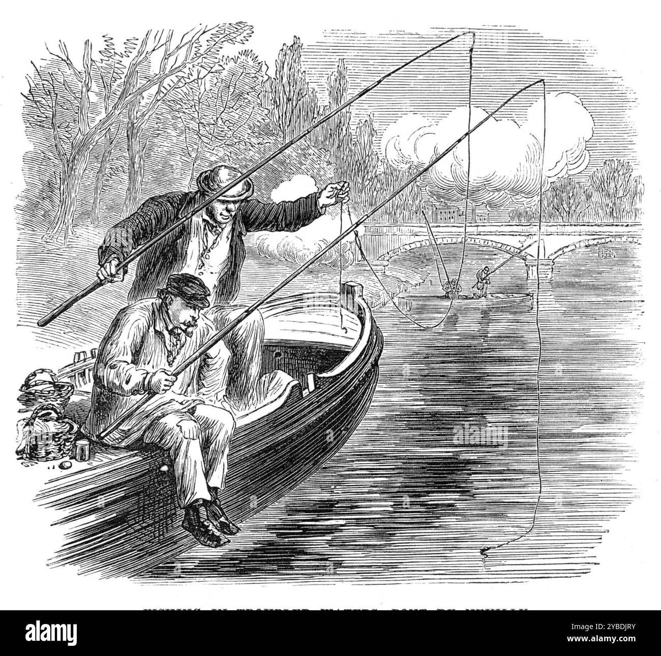 Le siège français de Paris : la pêche en eaux troublées, Pont de Neuilly, 1871. 'Il est curieux d'observer les gens de ce quartier, et même les pêcheurs qui pêchent dans la rivière au-dessus du pont de Neuilly, parfaitement calme et frais tandis que les missiles de destruction sont lancés à travers le ciel au-dessus de eux'. Tiré de "Illustrated London News", 1871. Banque D'Images